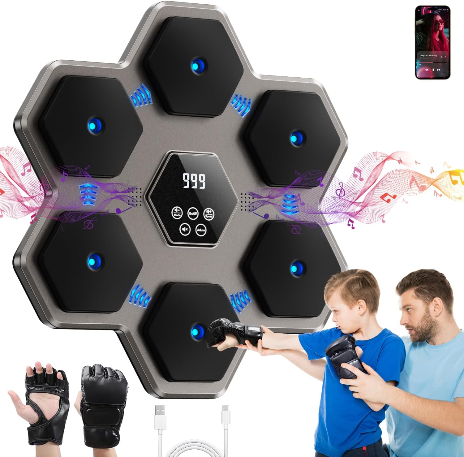 Music Boxing Machine with Gloves for Adults & Kids,5 Button LCD Touch Control with One Button Mute & Rhythm Recognition,17.3'' Large Size Wall Mounted Boxing Target for Home Gym,HIFI Bluetooth Speaker - Image 2