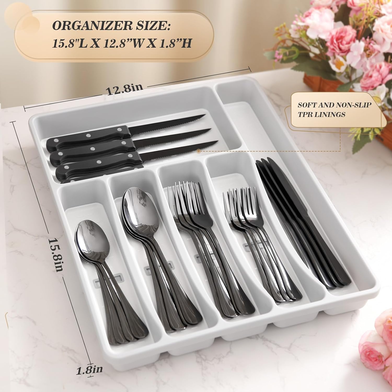 24-Piece Black Silverware Set with Organizer,Heavy Duty Stainless Steel Flatware Cutlery Tableware Set for 4,Includes 6-Compartment Silverware Tray with Cutlery Icons,Tableware Set with Steak Knives - Image 8