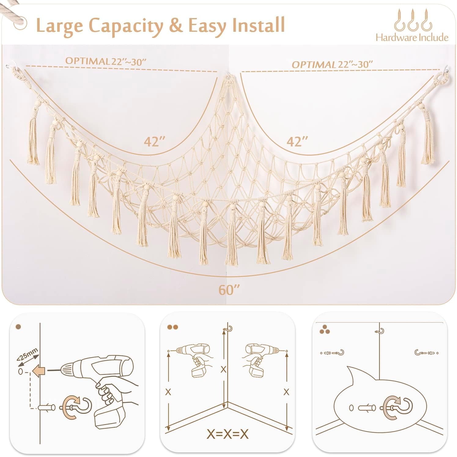 Stuffed Animals Hammock Corner Hanging Net with Wooden Beads Macrame Stuffed Animal Storage Ideas Plush Holder Toy Organizer for Boho Nursery Playroom Bedroom Kids Room Decor (cream, X-Large) - Image 6