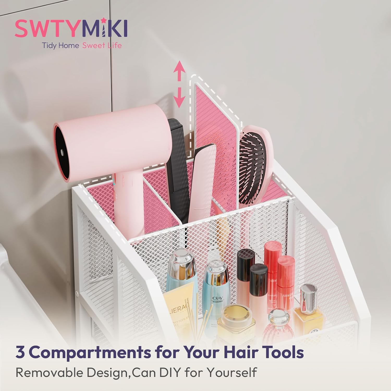 SWTYMIKI 4-Tier Hair Tool Organizer - Bathroom Storage Shelf with Drawer & 3 Grids, Versatile Hair Dryer Holder for Cosmetic Hair Accessories Curling Iron Blow Dryer Straightener, White - Image 5