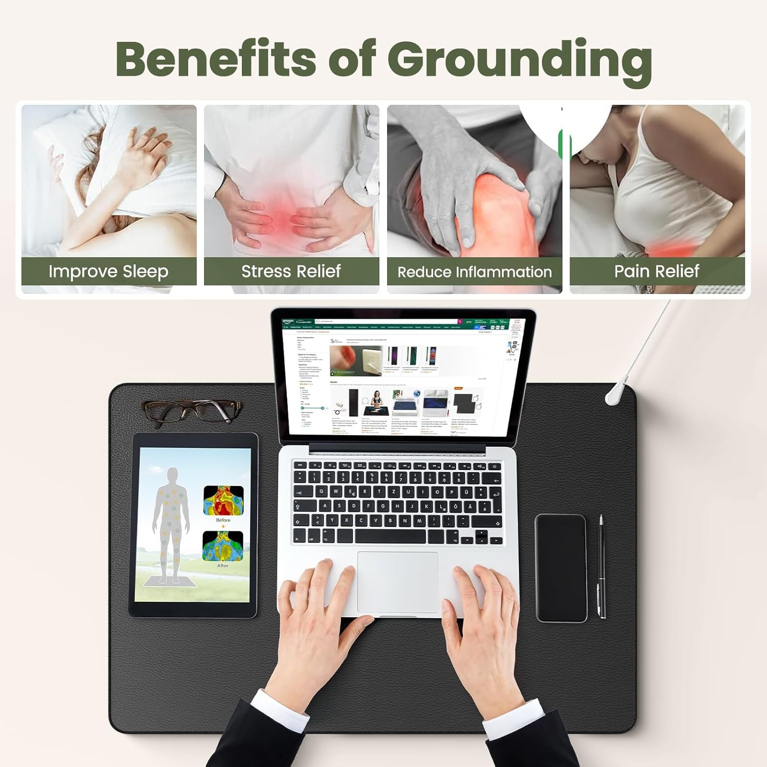 Grounding Mat for Sleep, Energy, Pain Relief, Inflammation, Balance, Wellness. Earth Connected Therapy. Indoor Grounding at Home, Office, Work. 15 Foot Cord Included. Conductive Carbon - Image 5