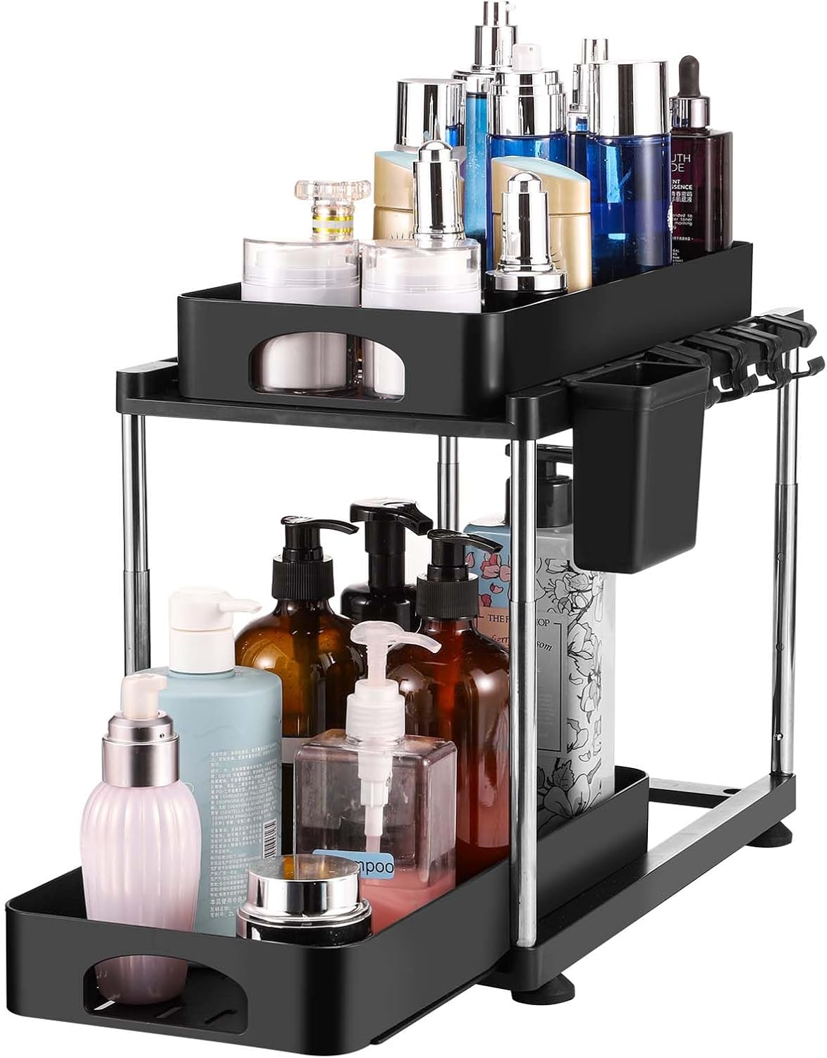 Under Sink Organizers and Storage, 2 Tier Double Sliding Bathroom Organizers and Storage with Dividers,Hooks Under Sliding Cabinet Organizer Kitchen Sink Organizer for Kitchen Bathroom - Image 2