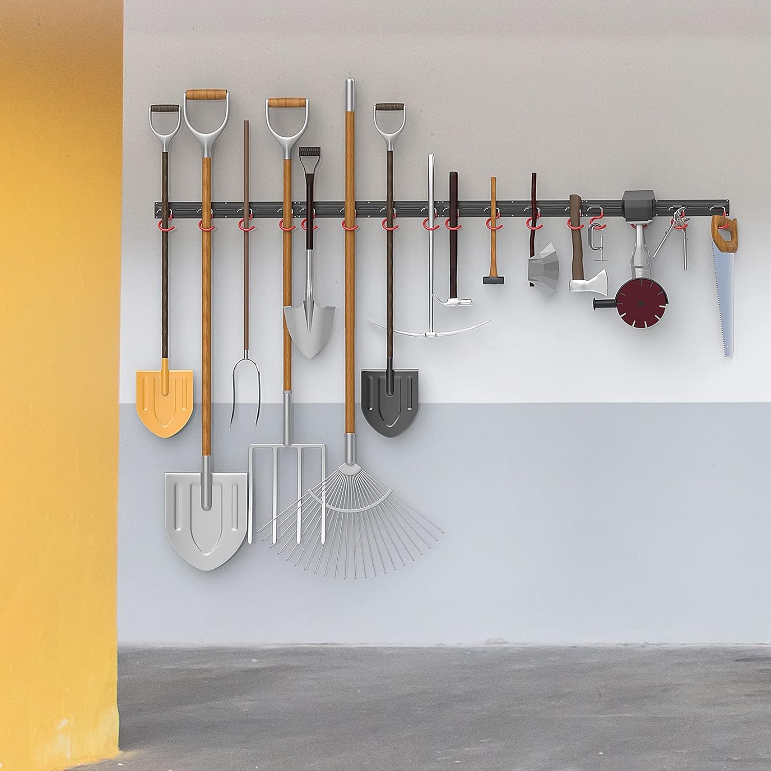 All Metal 64 Inch Wall Mount Garden Tool Organizer for Garage, Mop and Broom Holder, Yard Tool Storage Rack for Rake, Shovel, Spade, Mop, Broom(4 Rails, 16 Hooks) - Image 8