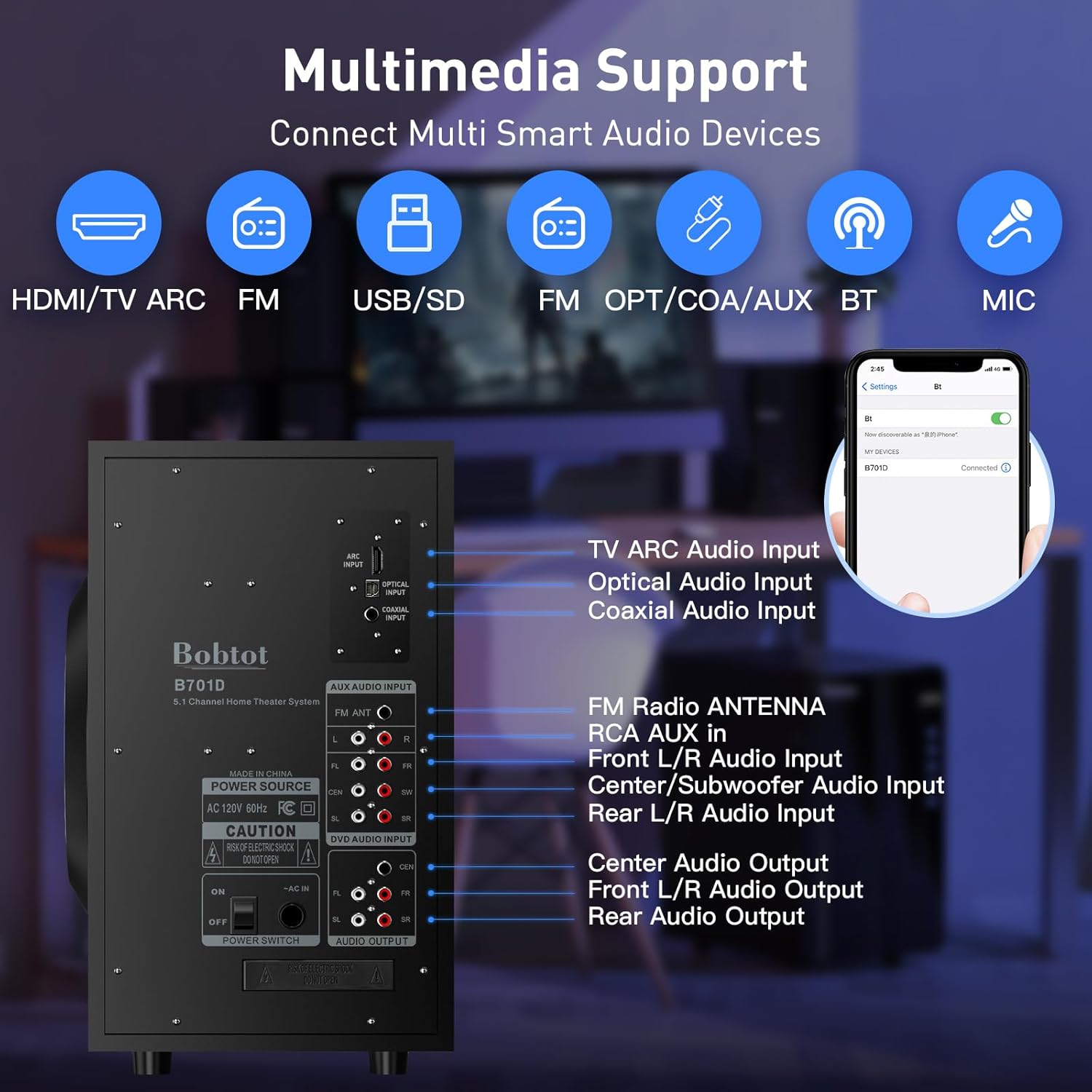 Bobtot Surround Sound Systems Home Theater System - 800 Watts Peak Power 6.5" Subwoofer 5.1/2.1 Wired Stereo Speakers Strong Bass with HDMI ARC Optical AUX Bluetooth Input - Image 8