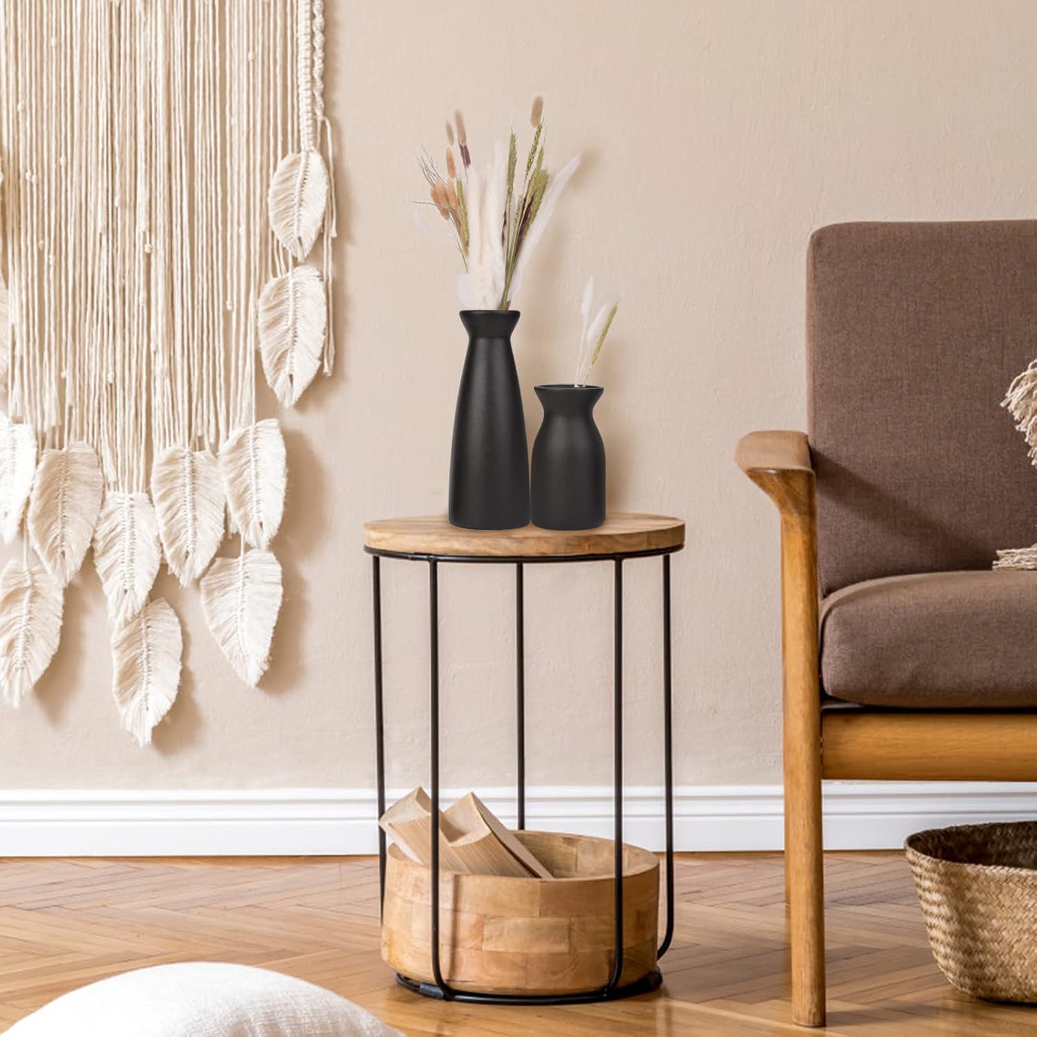Ceramic Vase Set of 2, Black Matte Boho Vase for Decorative Dried Flowers Pampas Grass Decoraitons, Dining Table Centerpieces Rustic Living Room Decor for Home Office (Black) - Image 8