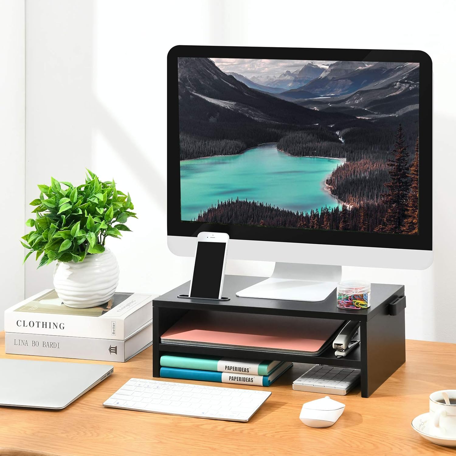 Marbrasse Monitor Stand Riser, 16.5 Inch 2 Tier Computer Printer Shelf Stand for Laptop Computer Screen Storage, Desktop Stand with Phone Holder and Cable Management Black - Image 8