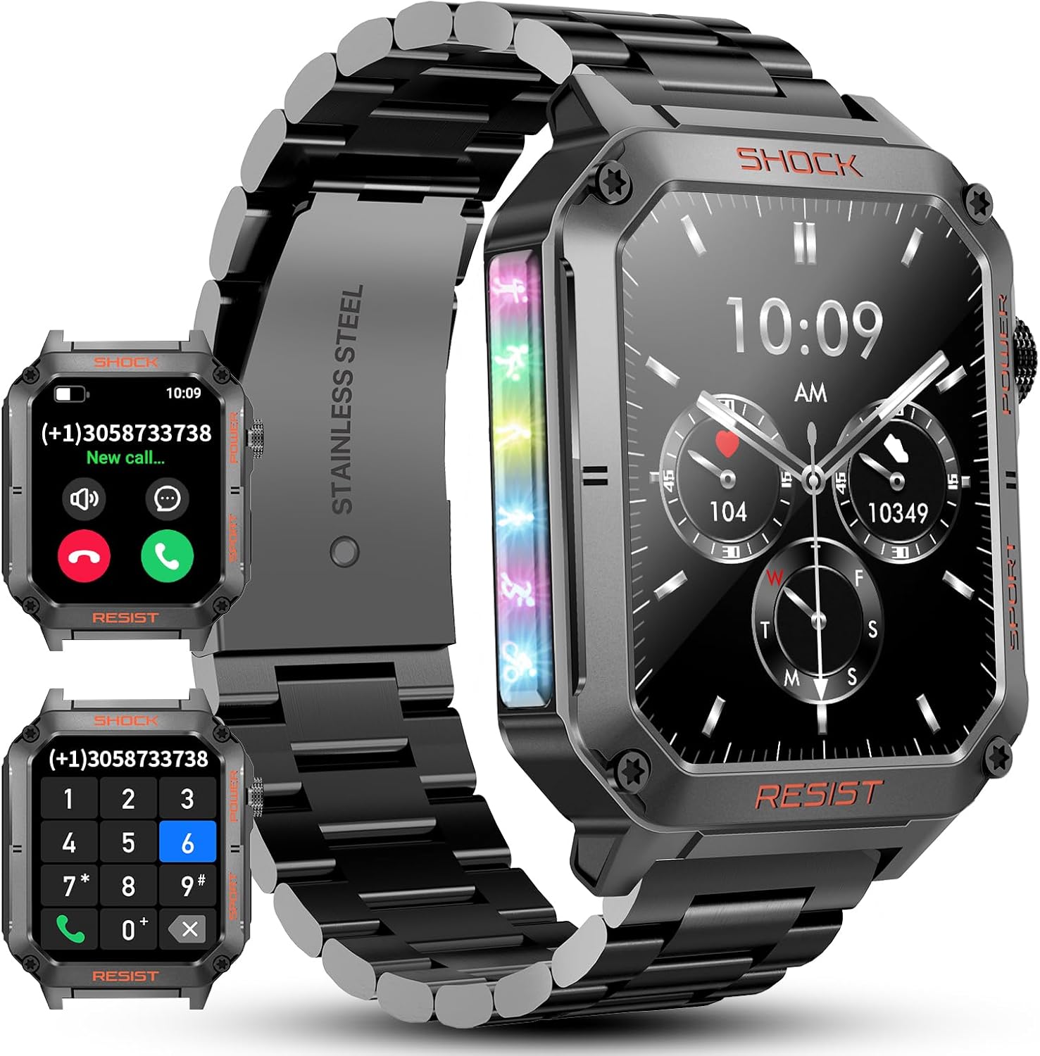 WalkerFit Smart Watch for Men Fitness Tracker, 1.91 Inch Military Mens Watches with 110+ Sport Modes,with Pedometer/Heart Rate/IP68 Waterproof, Compatible with iPhone Android(2 Watch Bands),Black - Image 2