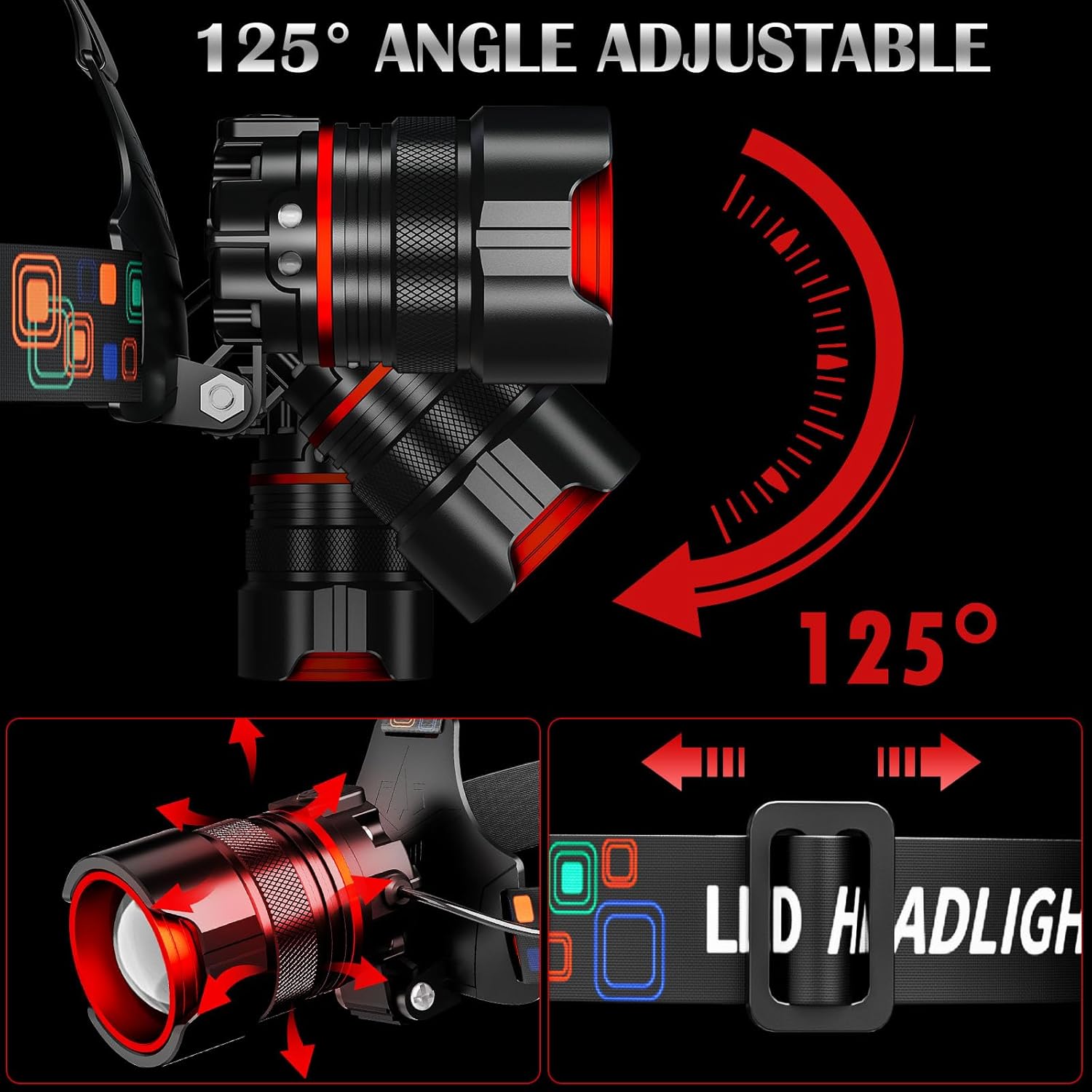 Rechargeable LED Headlamps, 990000LM Bright Headlamp with Motion Sensor & Zoomable, 5 Modes, IPX7 Waterproof Headlight for Forehead, 125° Adjustable & Brightest Head Lamp for Adults, Camping, Hardhat - Image 7