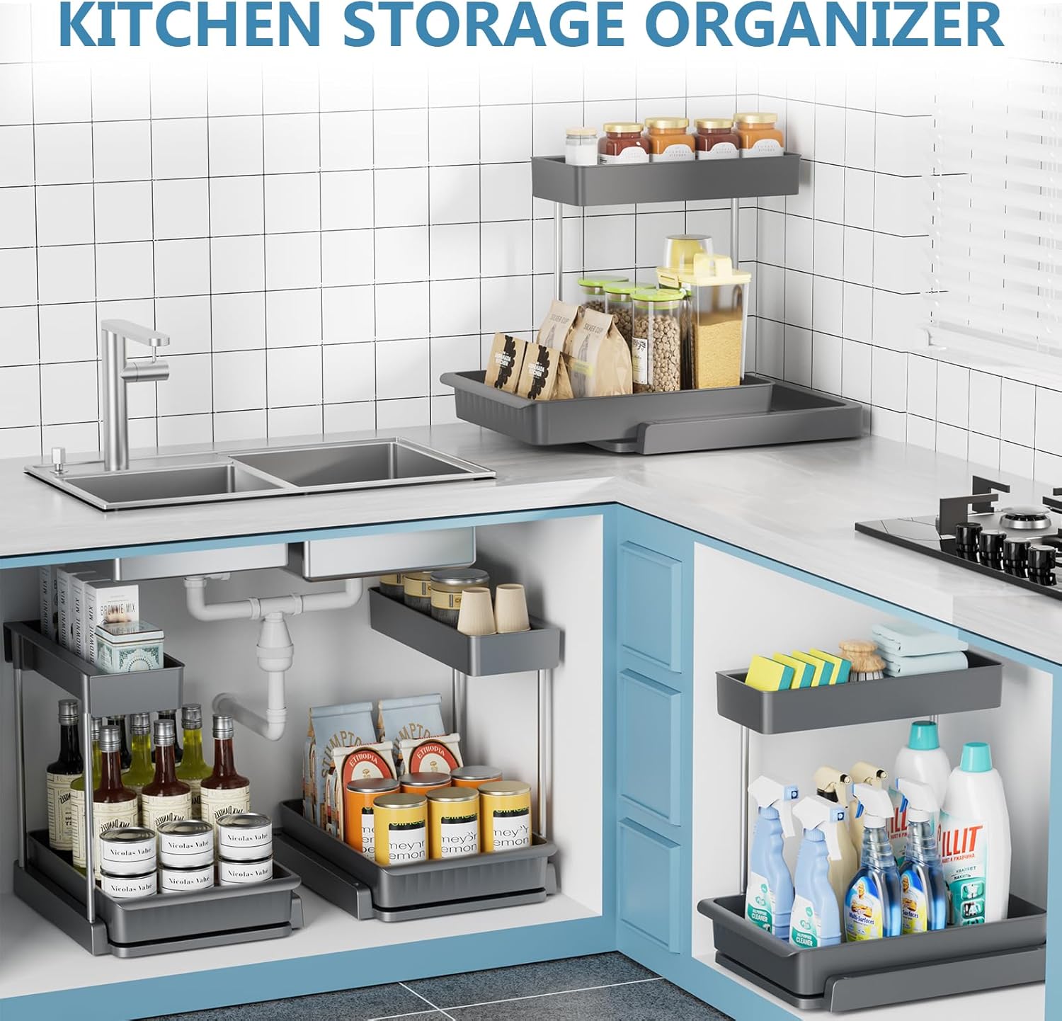 Under Sink Organizer and Storage, 2 Pack Bathroom Storage Cabinet L-Shaped with Basket, Multi-Purpose Sliding Cabinet Organizer for Kitchen Pantry Organization and Storage, Grey, 2 Pack - Image 7