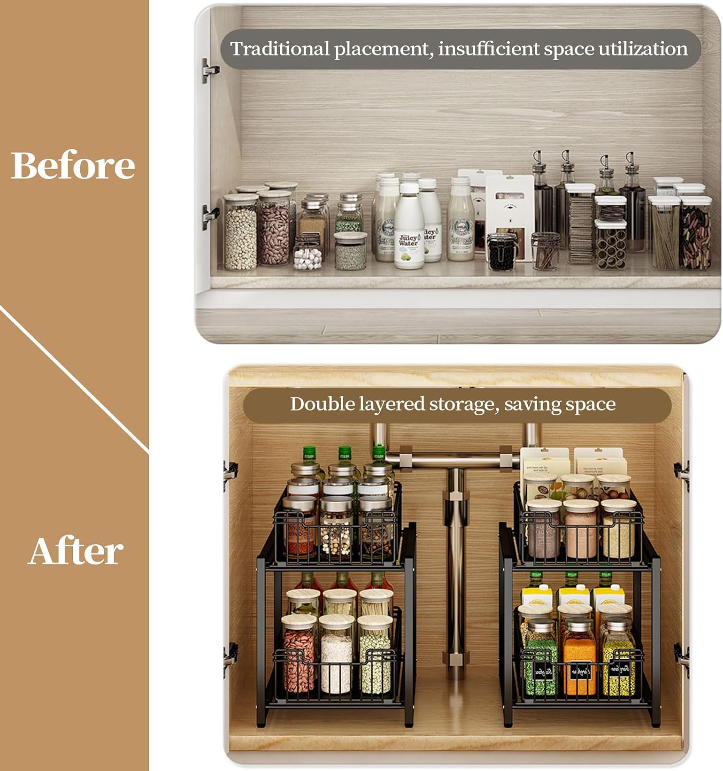 Under Sink Organizer, 2-Tier Pull Out Cabinet Organizer, Kitchen Bathroom Organizer and Storage, Spice Rack for Kitchen, Multi-use Sliding Drawers Shelves (1 Pack) - Image 9