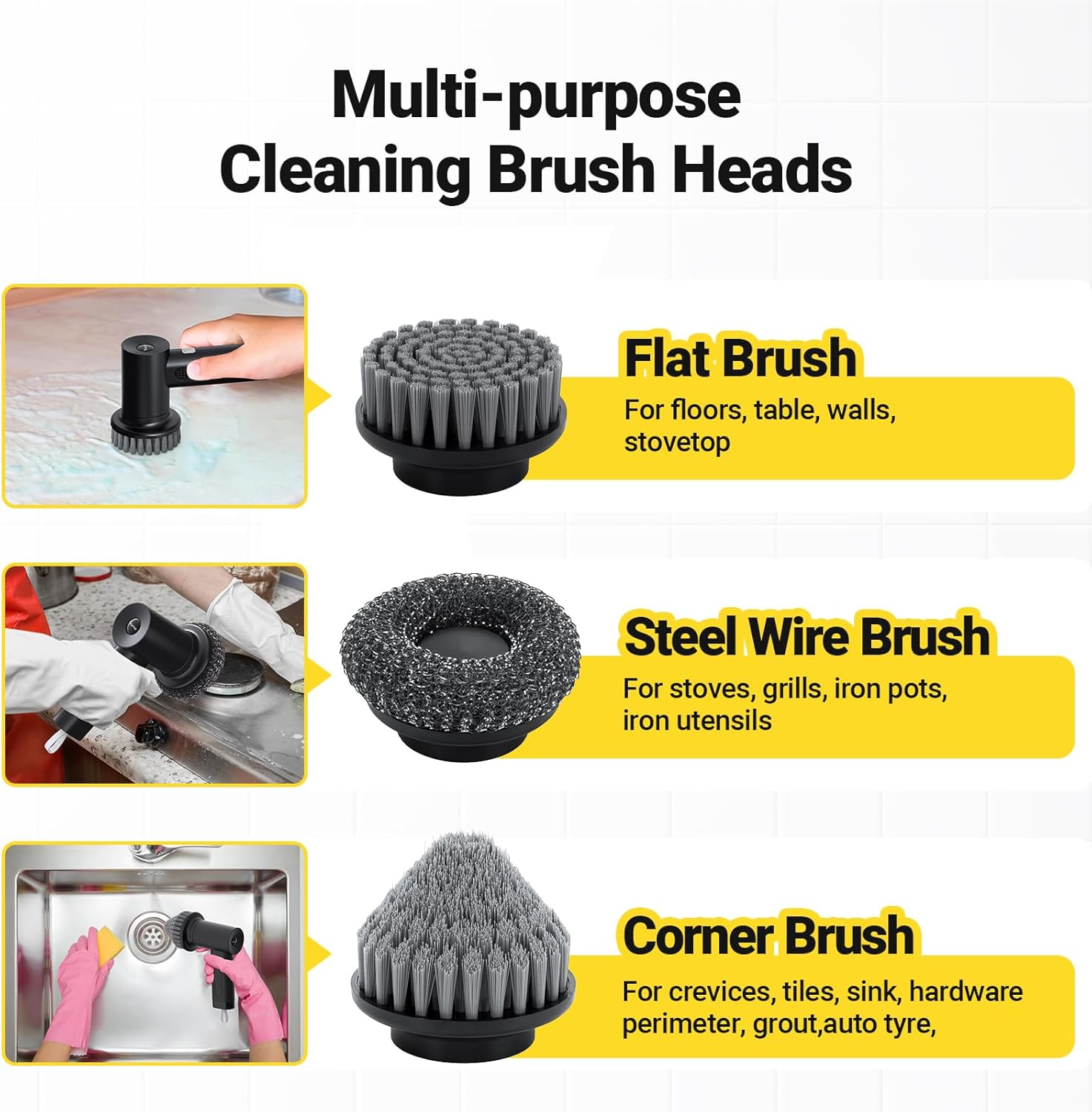 Electric Spin Scrubber, 3000 mAh Cordless Power Scrubber with 8 Replaceable Heads, Dual Speed Lightweight Handheld Scrubber for Cleaning Stove/Bowl/Sink/Corner/Tile/Grout (Black) - Image 4