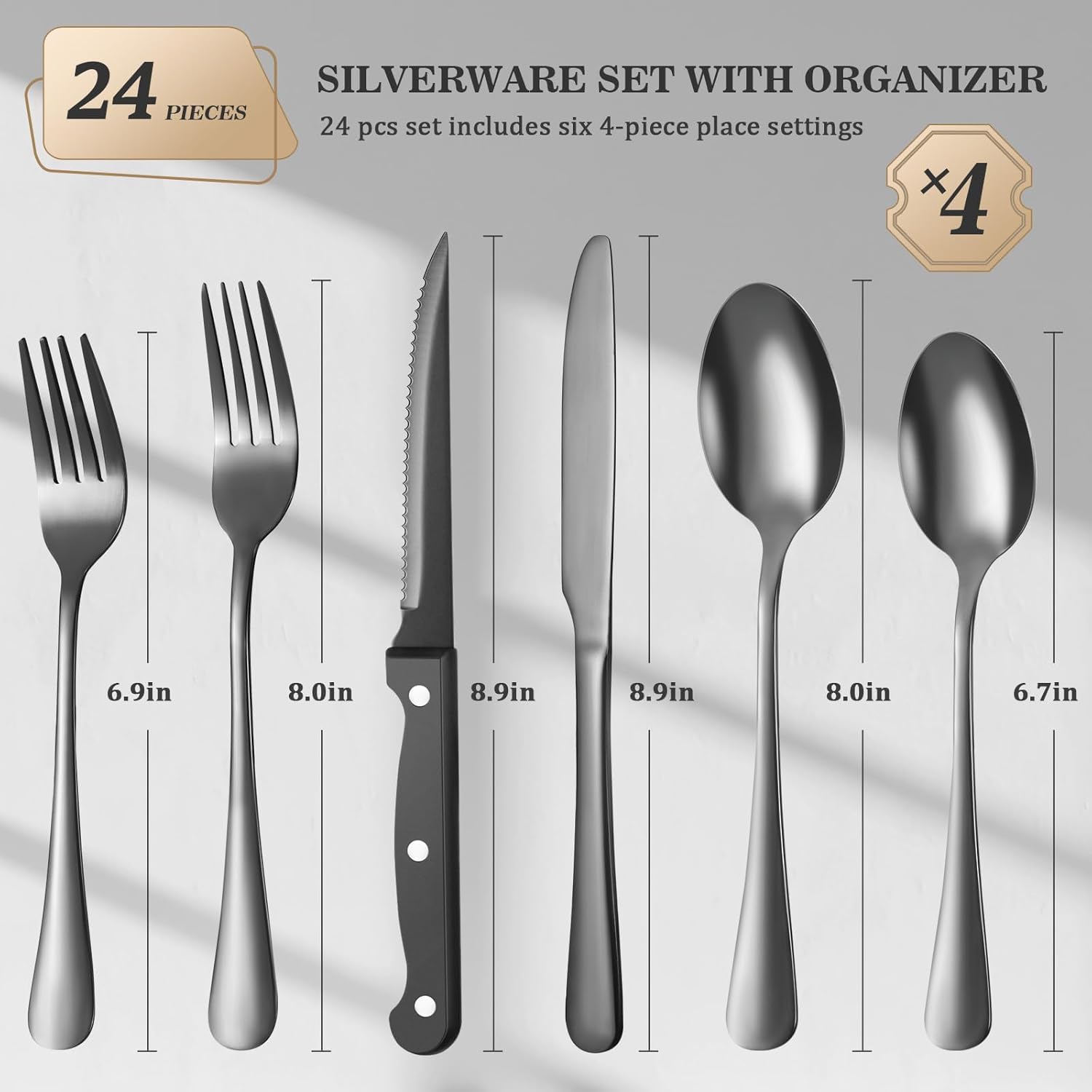 24-Piece Black Silverware Set with Organizer,Heavy Duty Stainless Steel Flatware Cutlery Tableware Set for 4,Includes 6-Compartment Silverware Tray with Cutlery Icons,Tableware Set with Steak Knives - Image 3