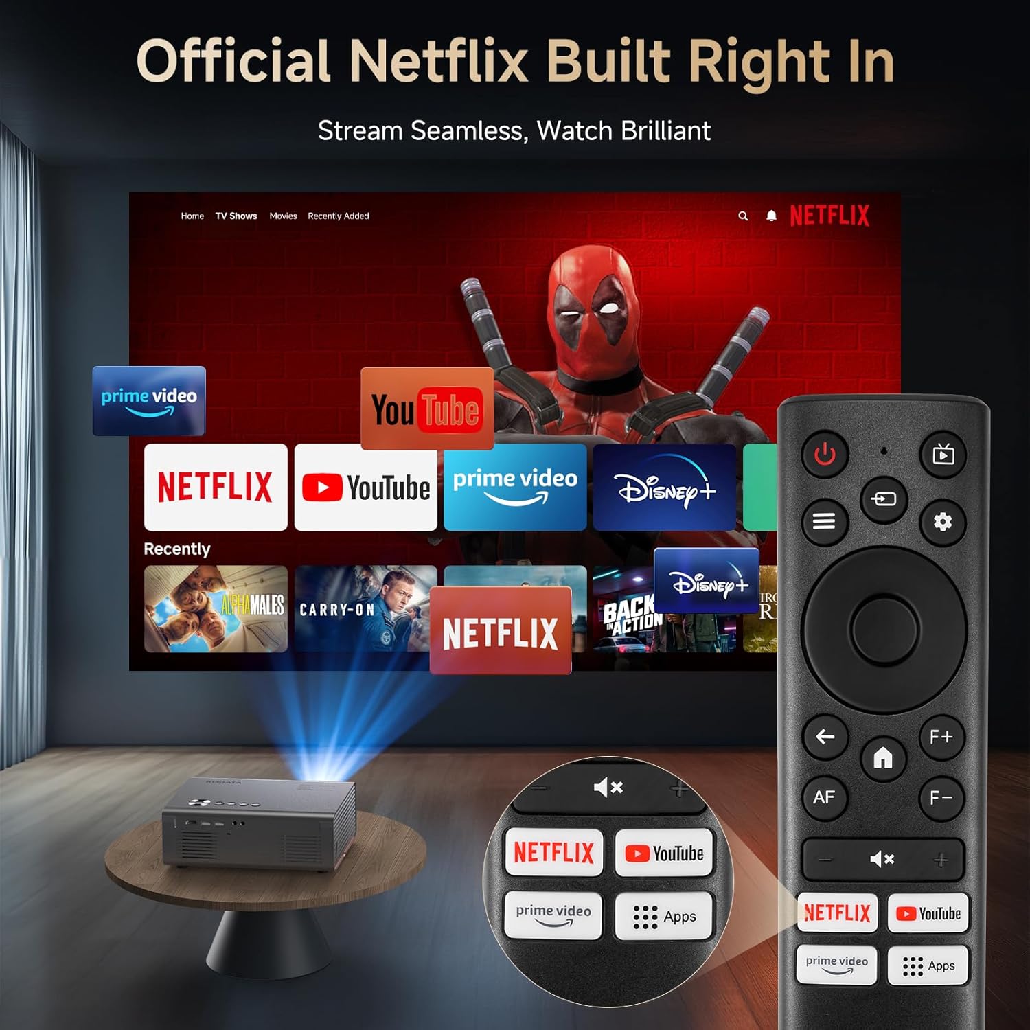 4K Projector with Netflix-Licensed&Dolby Audio, AI Auto Focus&6D Keystone Kogata Smart Projector with Built in Apps Outdoor Movie Proyector with WiFi 6 Bluetooth for Home Theater UPGRADE - Image 4