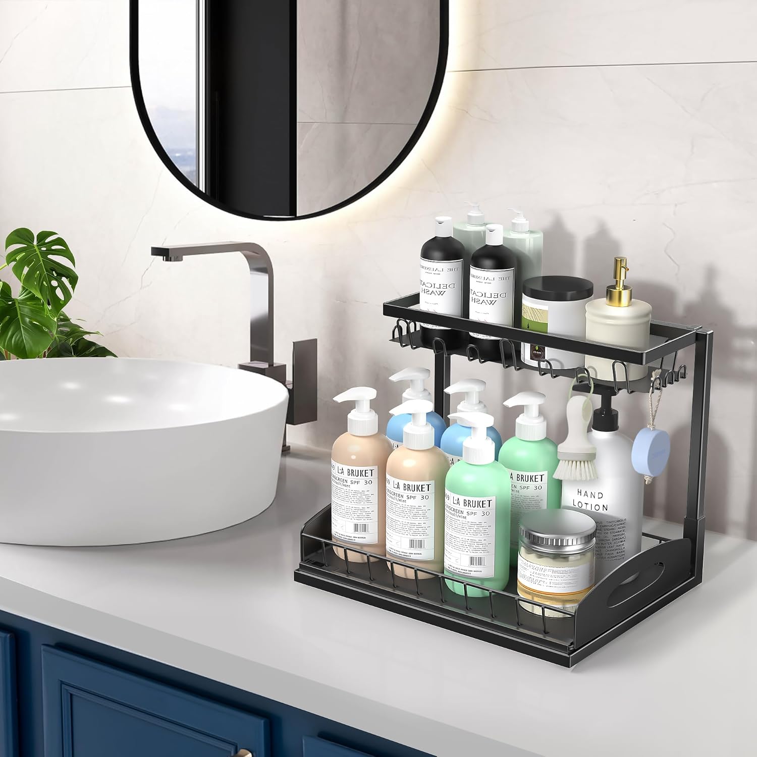 Under Sink Organizer, 2 Pack L-Shaped Bathroom Kitchen Organizers and Storage, Pull Out Sink Cabinet Drawer Shelf Pantry Organizer and Storage, Black - Image 7