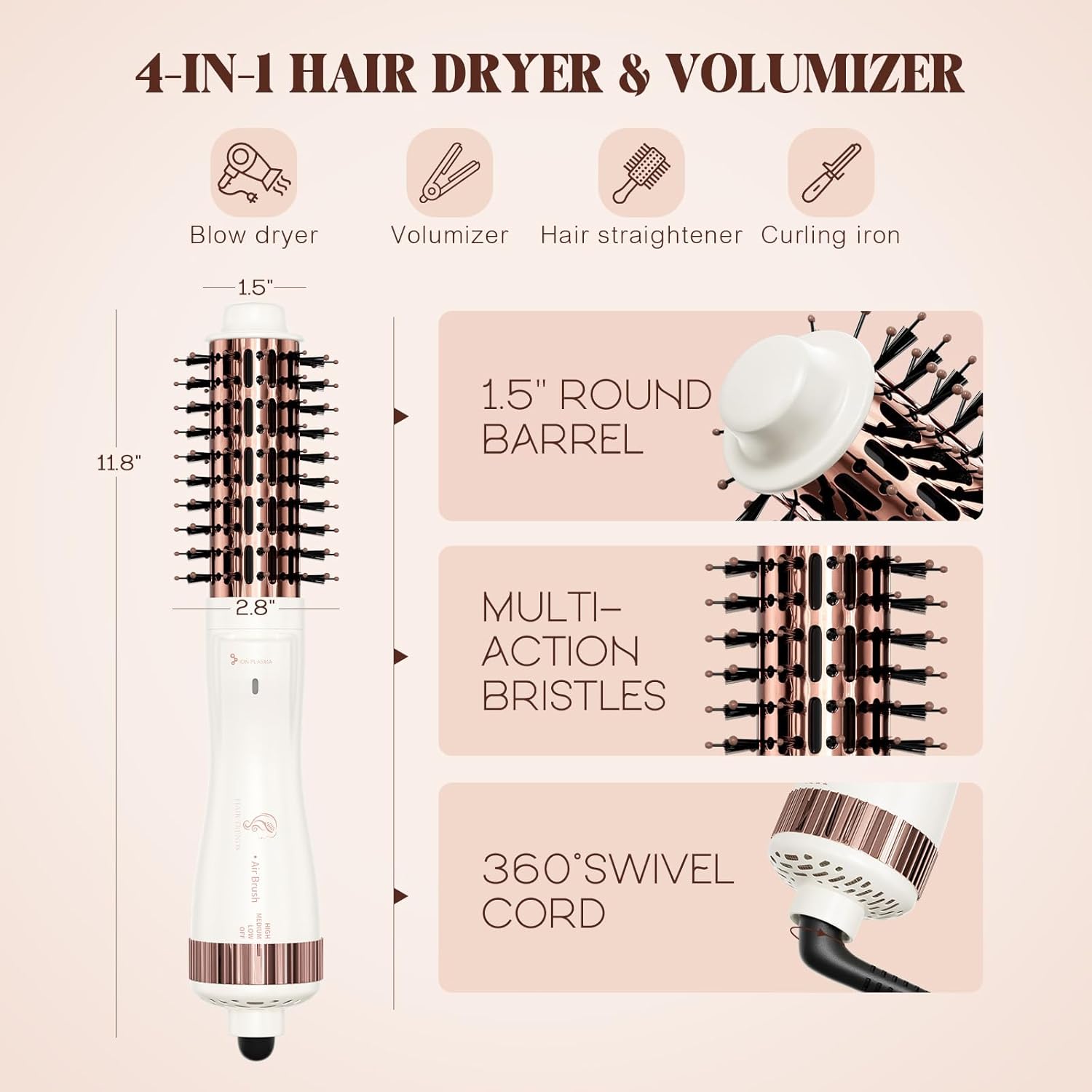 Dual Voltage 1.5 Inch Barrel Round Brush Blow Dryer, Hair Trends Negative Ionic One Step Volumizer Dryer, 4-in-1 Hot air Brush-2.8 Inch Include Bristles - Image 6