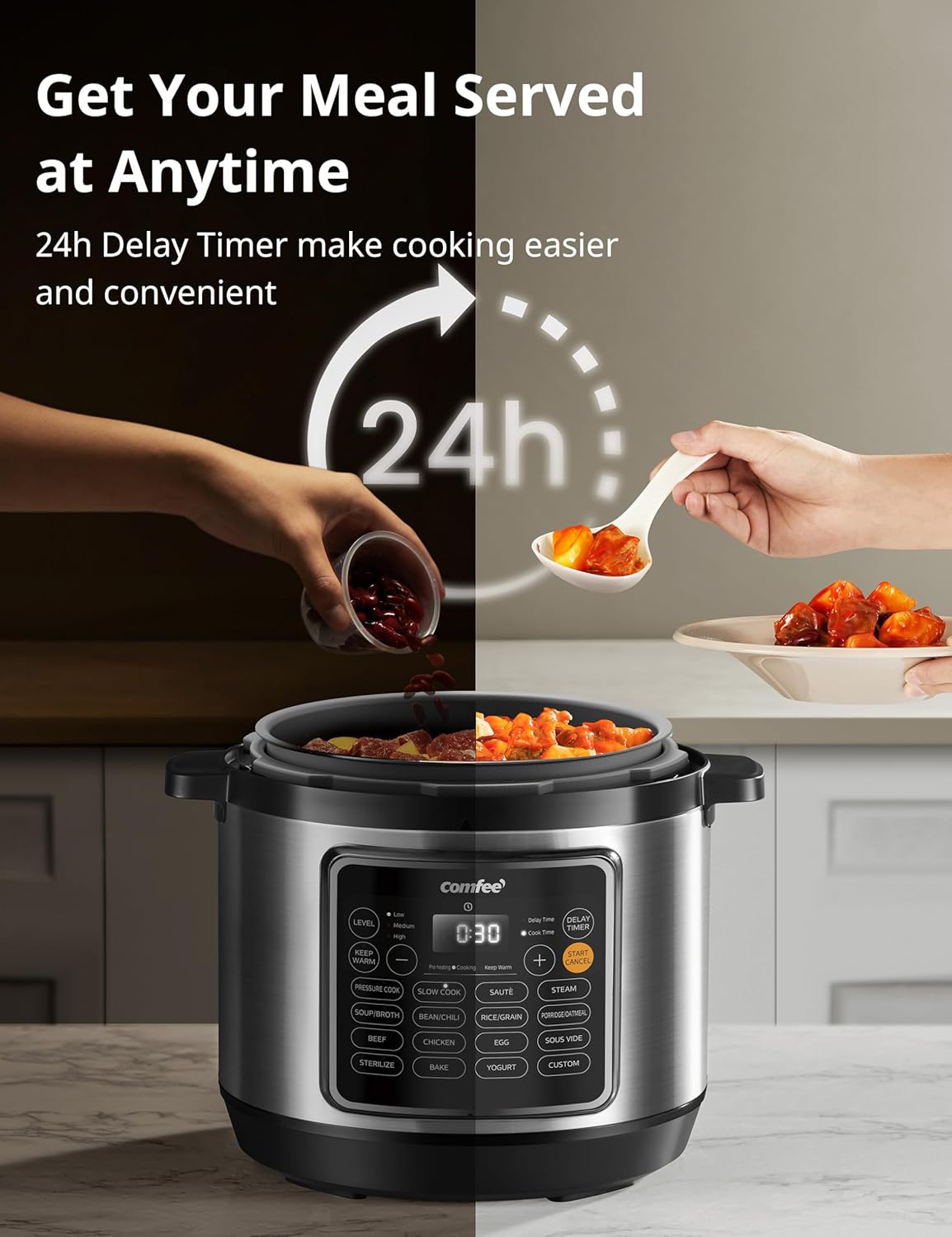 COMFEE’ Pressure Cooker 8 Quart with 16 Cooking Functions, Olla de Presion Non-Stick Pot Yogurt Maker Rice Cooker Slow Cooker Sauté Steamer, Healthy Ceramic Inner Pot - Image 5