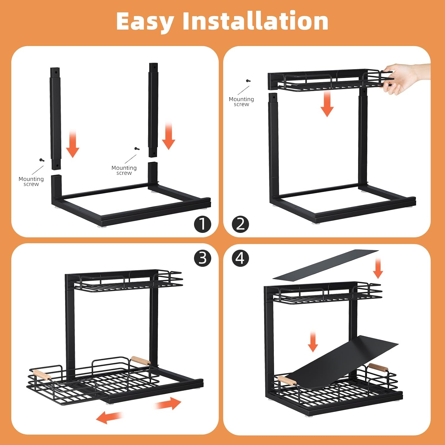 Under Sink Organizer, 2 Tier Under Sink Organizers and Storage, Under Sink Storage Shelves Metal Sliding Drawer for Kitchen Pantry Cabinet Closet, Black 2 Pack - Image 6