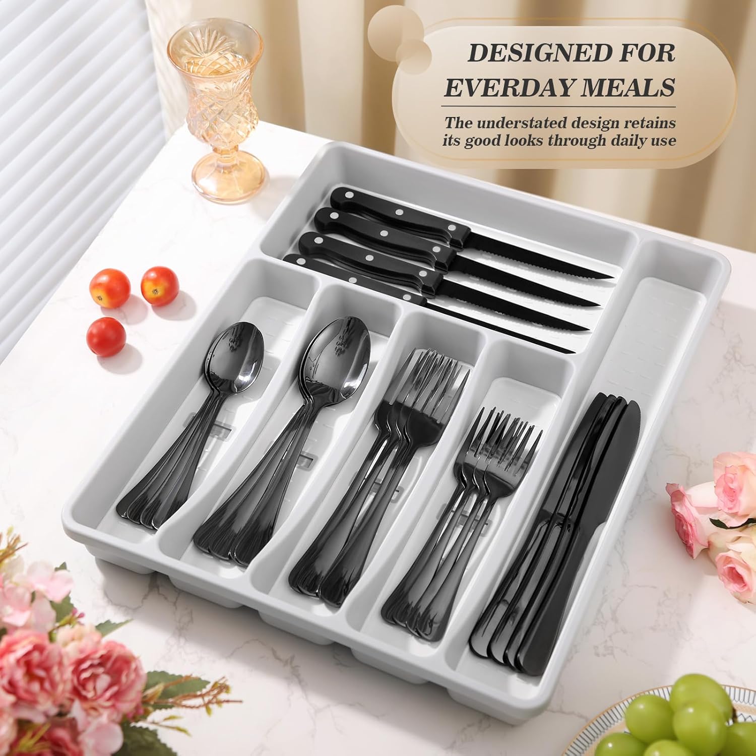 24-Piece Black Silverware Set with Organizer,Heavy Duty Stainless Steel Flatware Cutlery Tableware Set for 4,Includes 6-Compartment Silverware Tray with Cutlery Icons,Tableware Set with Steak Knives - Image 6