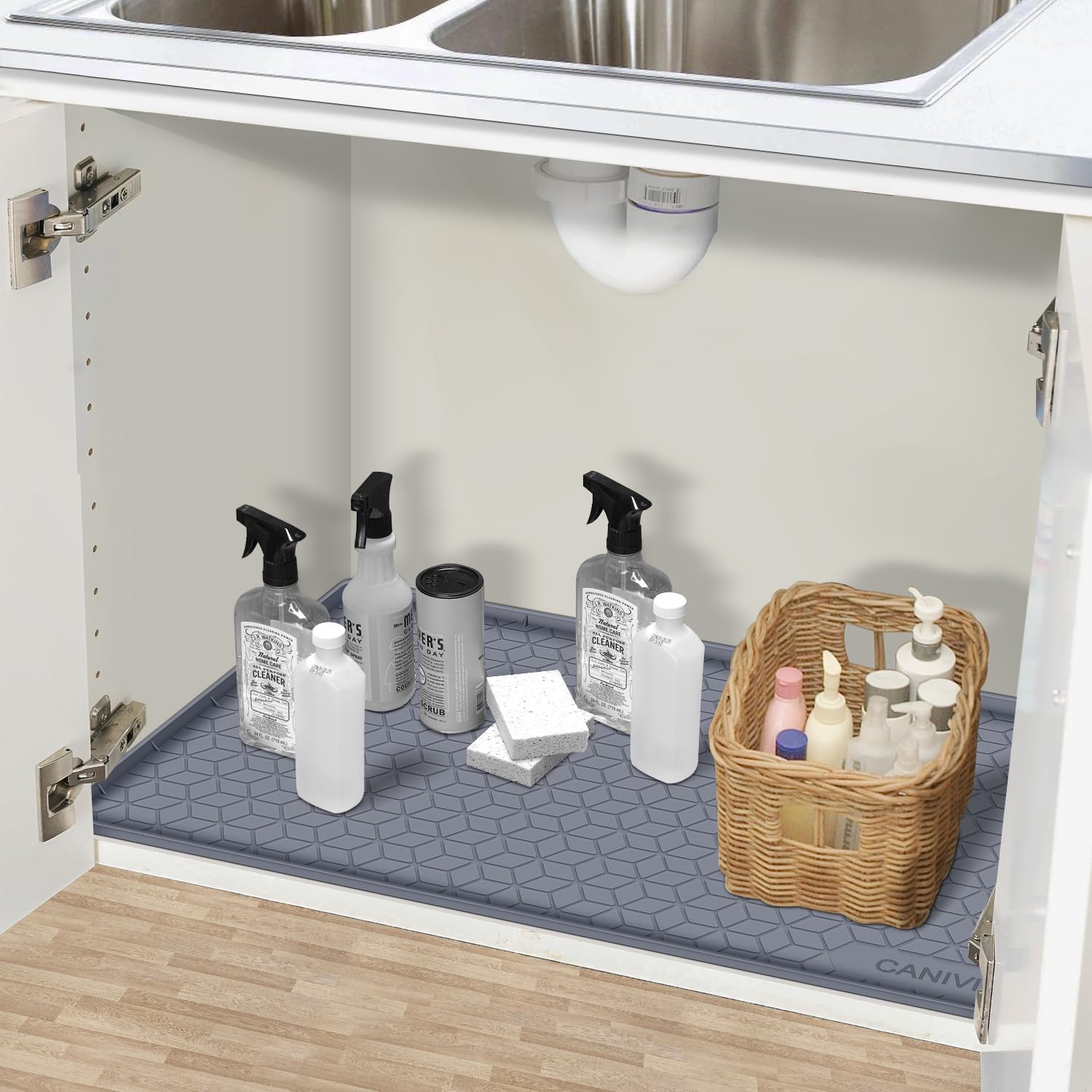 Under Sink Mat, 34" x 22" Waterproof Silicone Under Sink Tray for Kitchen & Laundry Cabinets, Kitchen Cabinet Shelf Protector, Up to 3.3 Gallons Liquid, Fits 36 inch Standard Cabinet(Grey) - Image 8