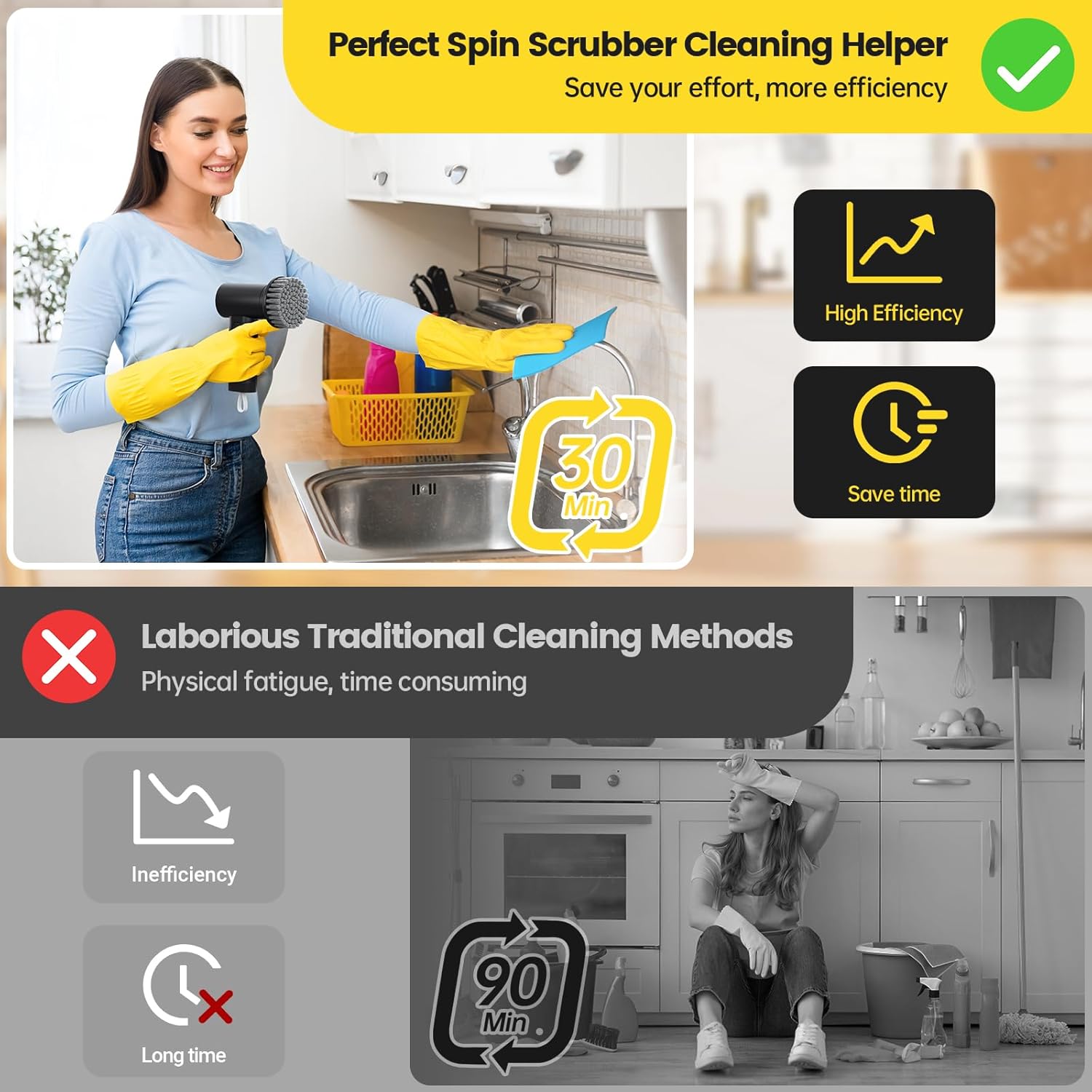 Electric Spin Scrubber, 3000 mAh Cordless Power Scrubber with 8 Replaceable Heads, Dual Speed Lightweight Handheld Scrubber for Cleaning Stove/Bowl/Sink/Corner/Tile/Grout (Black) - Image 3