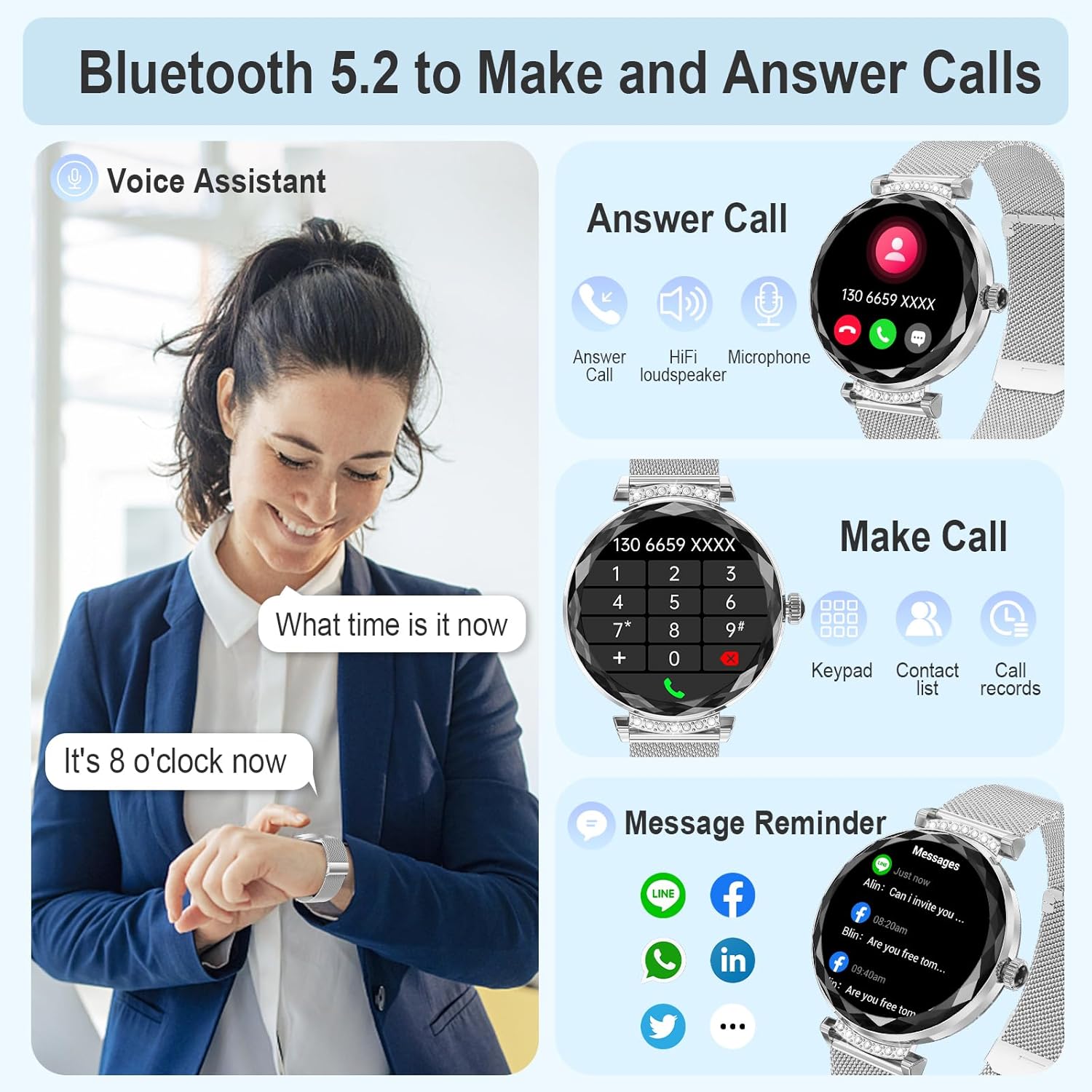 Smart Watches for Women Answer/Make Call, 1.19" AMOLED Smartwatch with Bluetooth for Android iOS Phones, IP68 Waterproof Fitness Tracker with Heat Rate Blood Pressure, 120+ Sports, Silver - Image 3