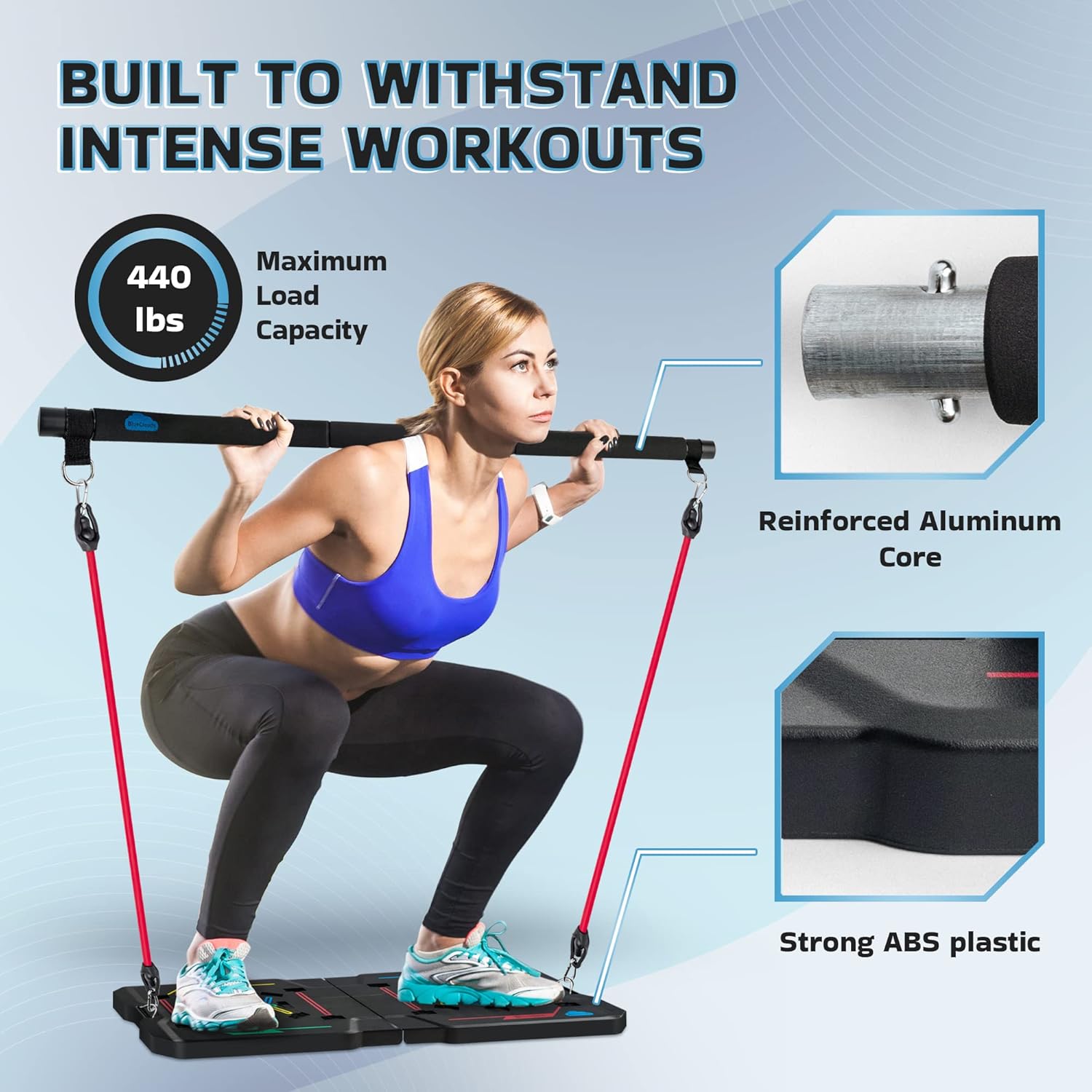 BlueClouds Push Up Board and Pilates Bar Kit - Color Coded Foldable Pushup Board Fitness Tool - Reinforced Aluminum Resistance Band Bar - At Home Gym Accessories for Men and Women - Portable Gym - Image 5