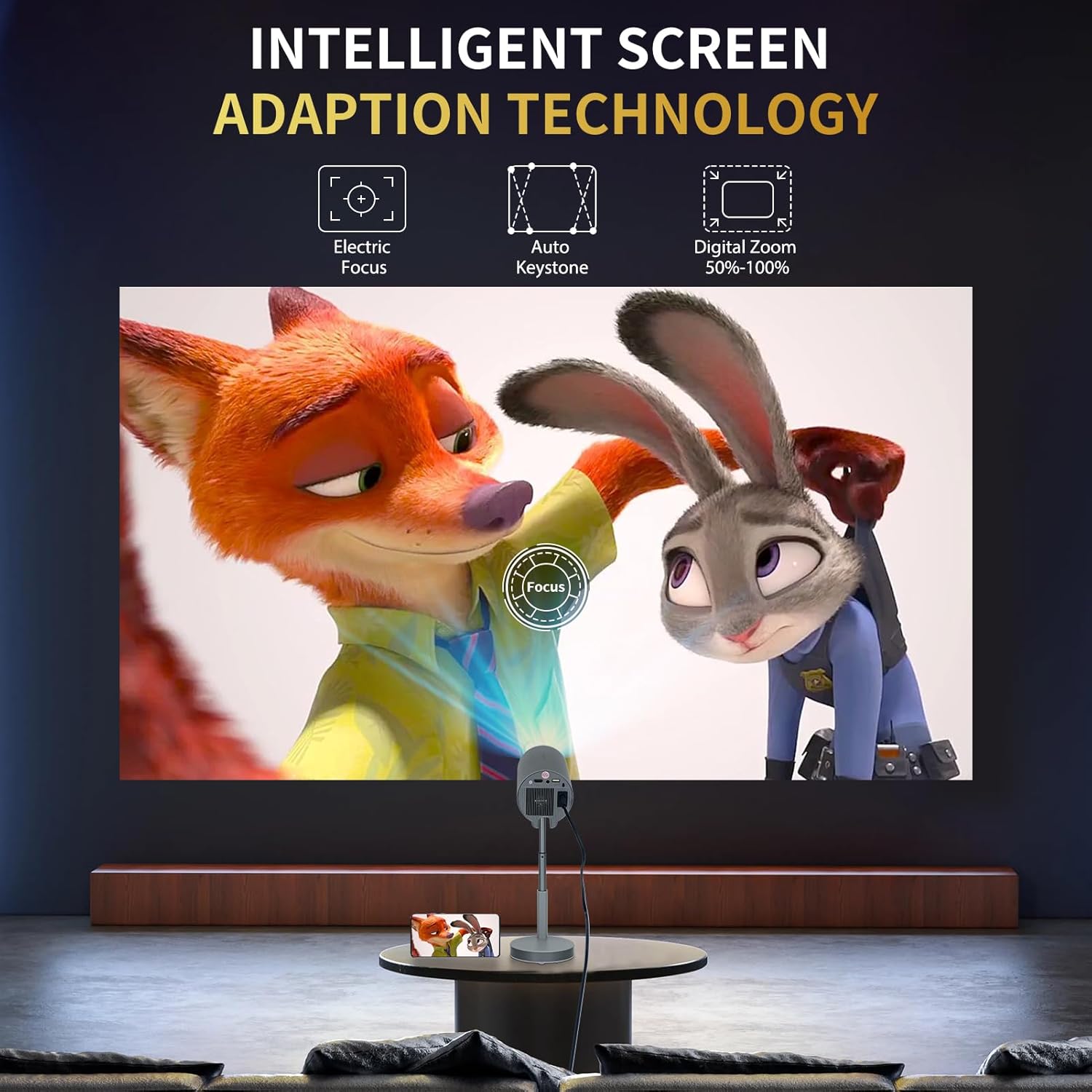 【Built in Apps&15" Foldable Stand】Portable Mini Projector with WiFi and Bluetooth, 1080P 500 ANSI Smart Projector 4K with Electric Focus & 5W Speaker, Home theater Projector with 200'' Display+zoom - Image 5