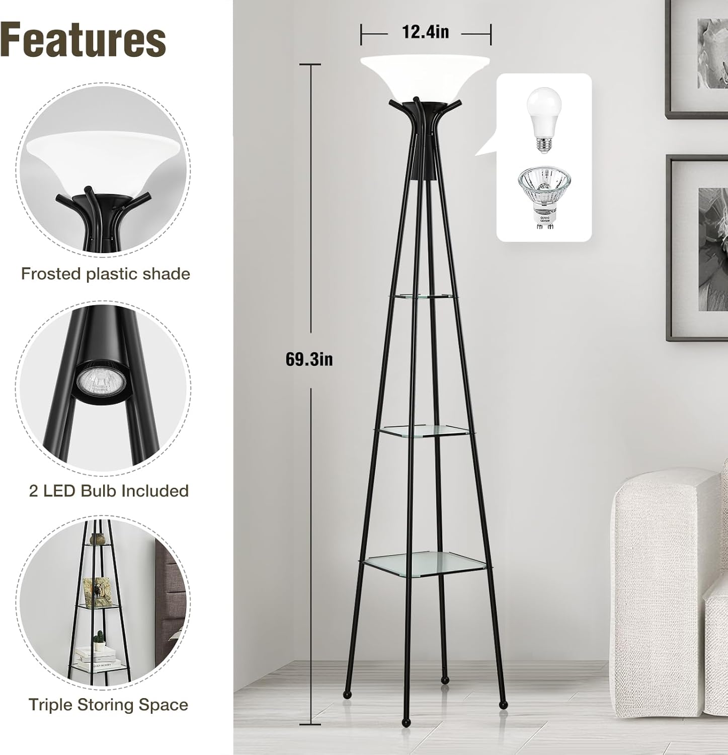Floor Lamp with Shelves, 69” Tall Shelf Lamp with Remote Control, 3-Tier Glass Shelf Lamp, Dimmable Industrial Floor Lamps for Living Room, Bedroom, Home Office, 3 Color Temperatures Bulbs Included - Image 4