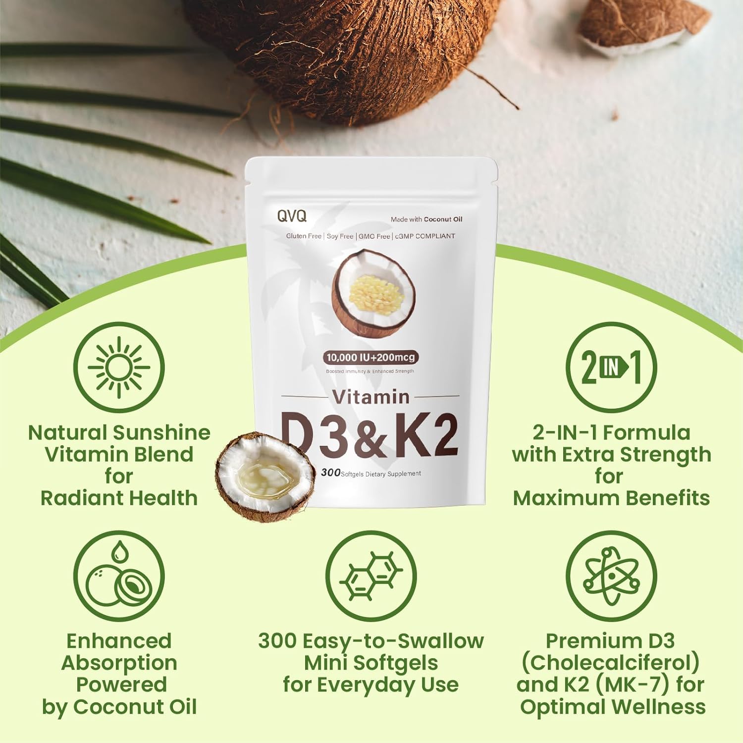 300 Pcs 2 in 1 Vitamin D3 10000 iu Plus K2 (MK-7) 200 mcg Virgin Coconut Oil Softgels with Vitamins D & K Supports Calcium Absorption, Bone, Immune, & Heart Health – Easy to Swallow - Image 5