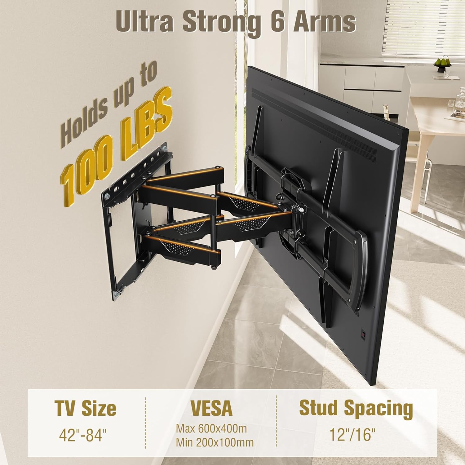 Mounting Dream TV Wall Mount, UL Listed Full Motion Mount Bracket for 42-84 Inch Flat Screen TVs, Swivel Articulating Dual Arms, Max VESA 600x400mm, 100 LBS Loading, Fits 16 Inches Wood Studs, MD2296 - Image 3
