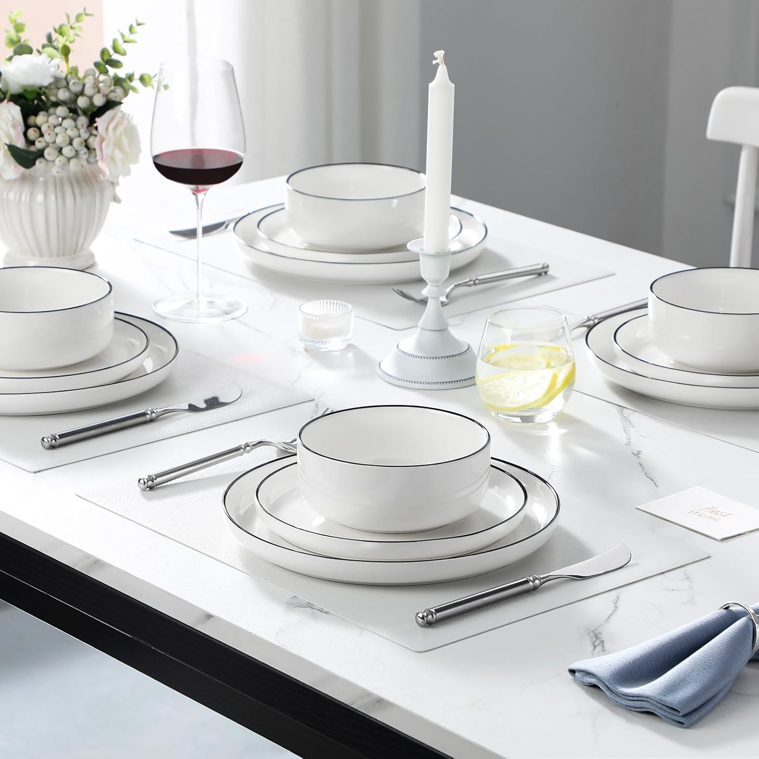 MALACASA Plates and Bowls Sets, 12 Pieces Modern Porcelain Dinnerware Set for 4 White Kitchen Dinner Dining Ware Set wtih Black Rim Ceramic Dishware Dishes Microwave and Dishwasher Safe, Series LUNA - Image 6