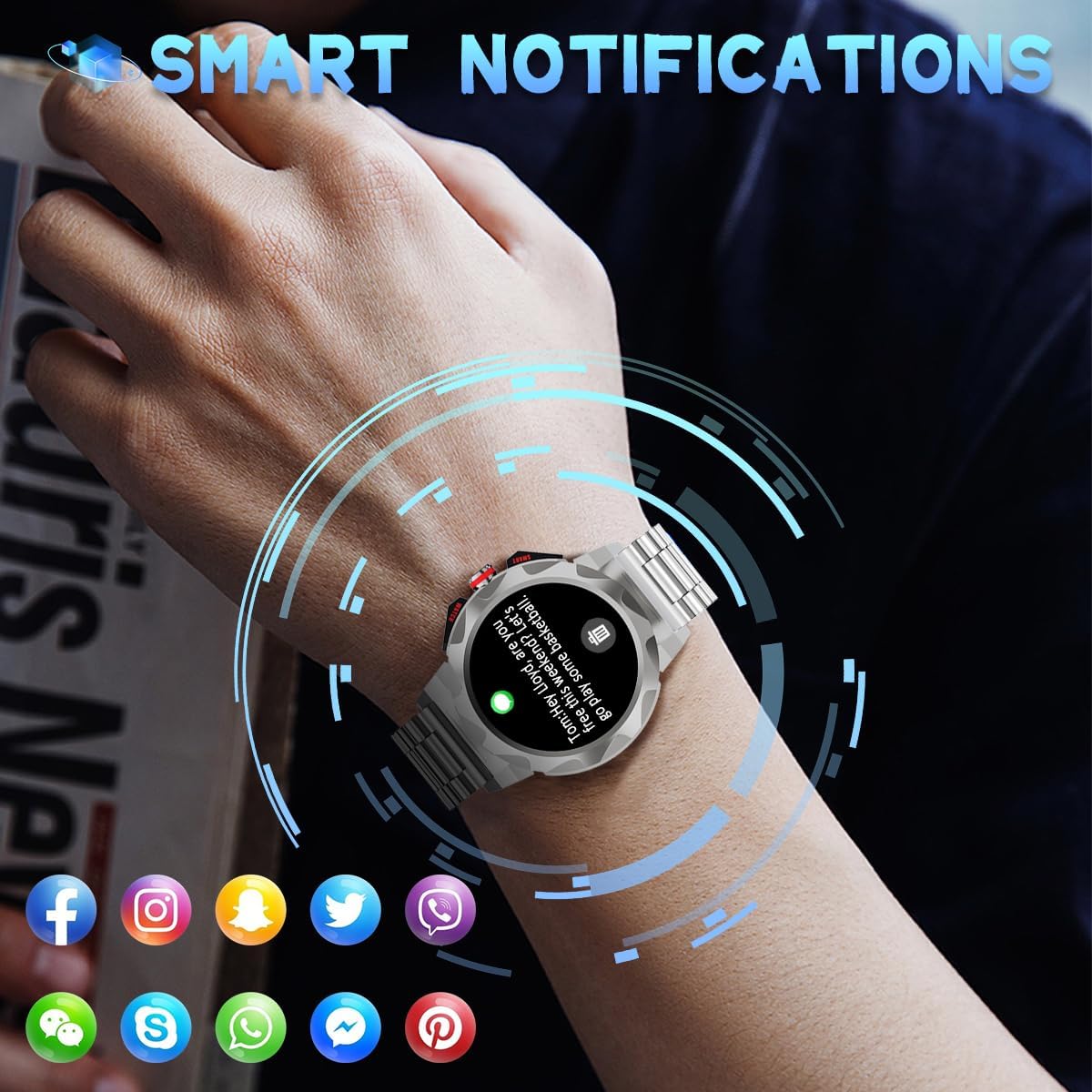 Men Smart Watch (Answer/Make Call) Newest Fitness Tracker Heart Rate Pedometer Calories 100+ Sport Modes Ip68 Waterproof Rugged Military Tactics Smartwatch Men for Android iPhone (Silver) - Image 3