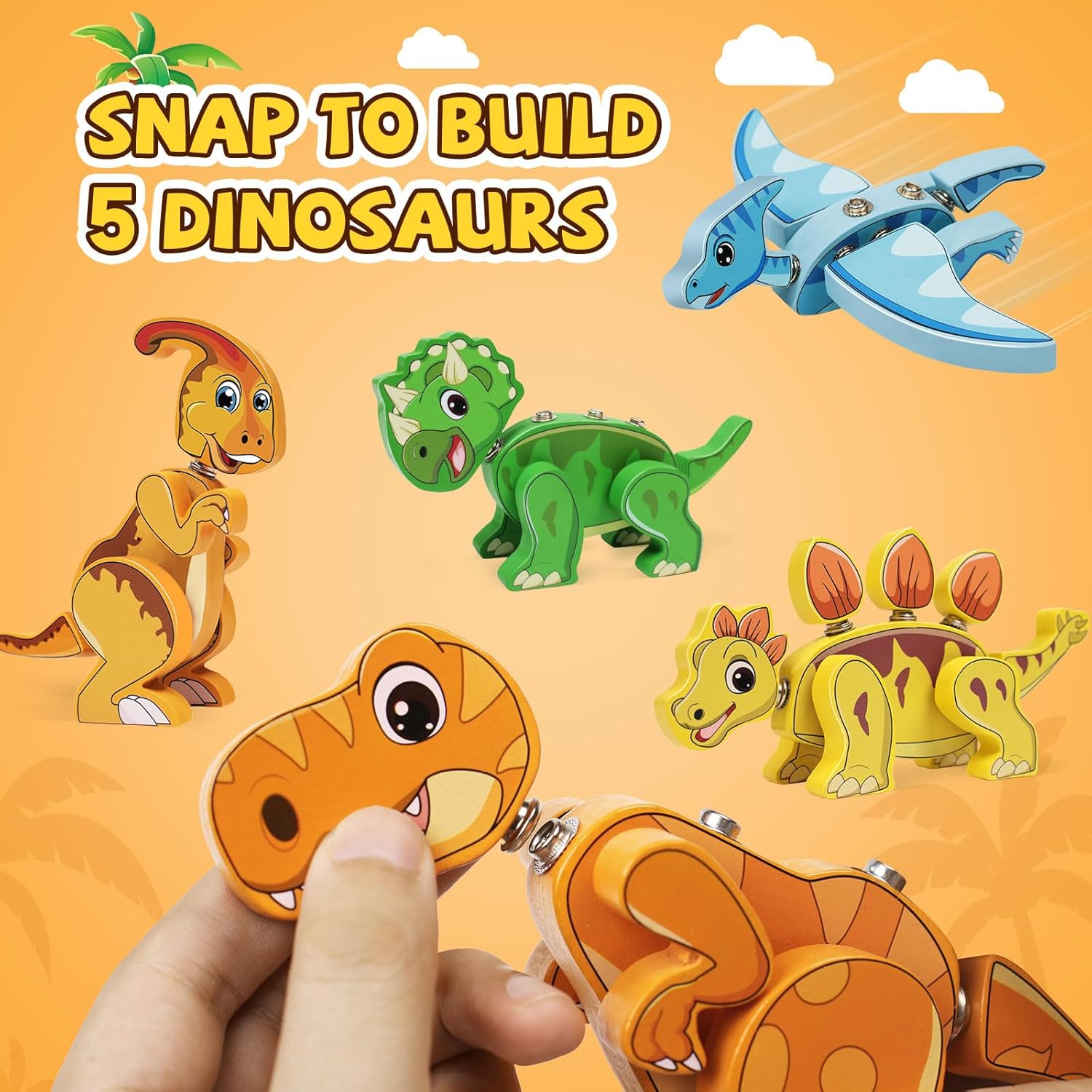 5PCS Dinosaur Snap Together Building Toys, Wooden Dinosaur Toys for Kids 3-5, 5-7, STEM Preschool Learning Activities Fine Motor Skills Dino Toys, Gifts for 3 4 5 6 Year Old Boys Girls Kids - Image 3