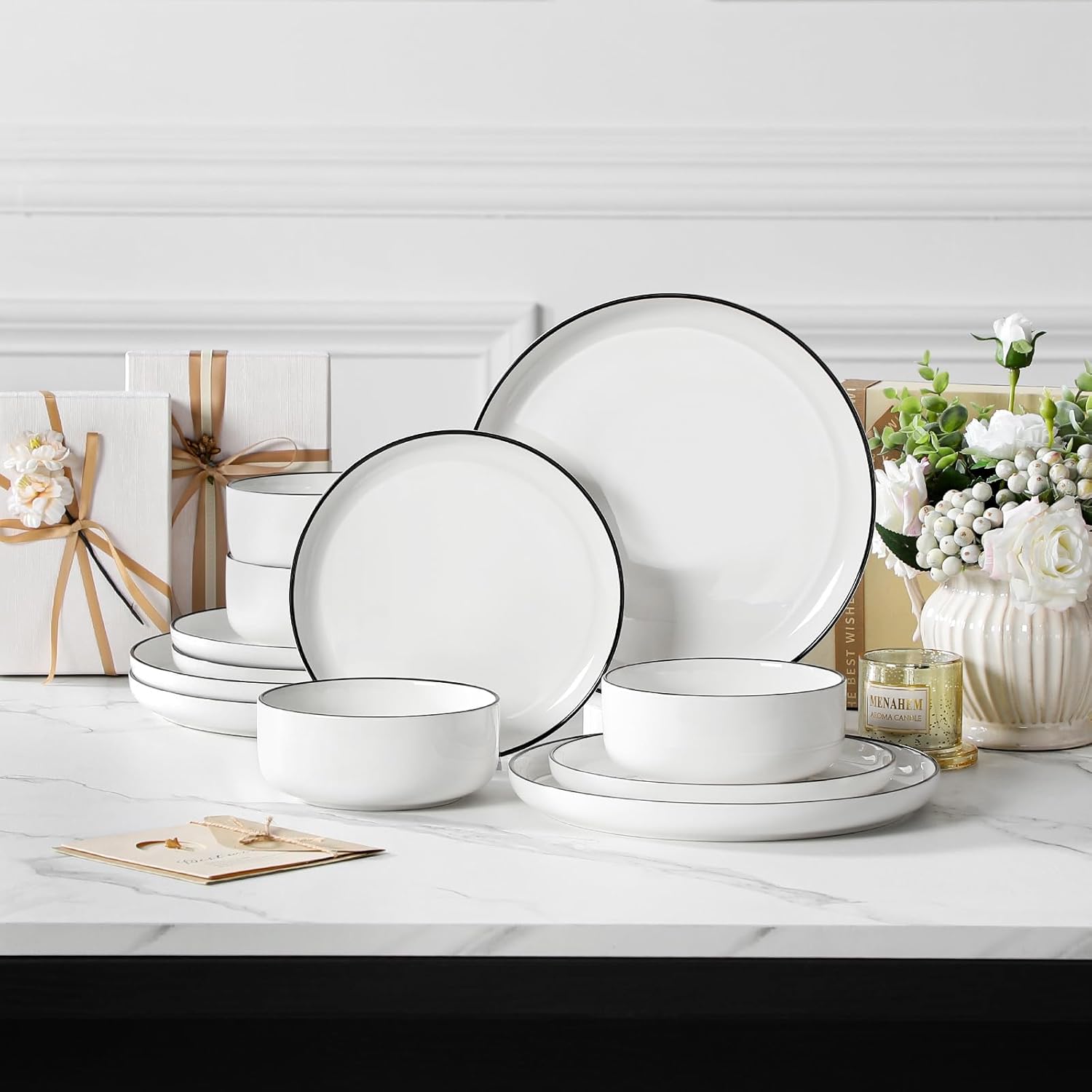 MALACASA Plates and Bowls Sets, 12 Pieces Modern Porcelain Dinnerware Set for 4 White Kitchen Dinner Dining Ware Set wtih Black Rim Ceramic Dishware Dishes Microwave and Dishwasher Safe, Series LUNA - Image 10