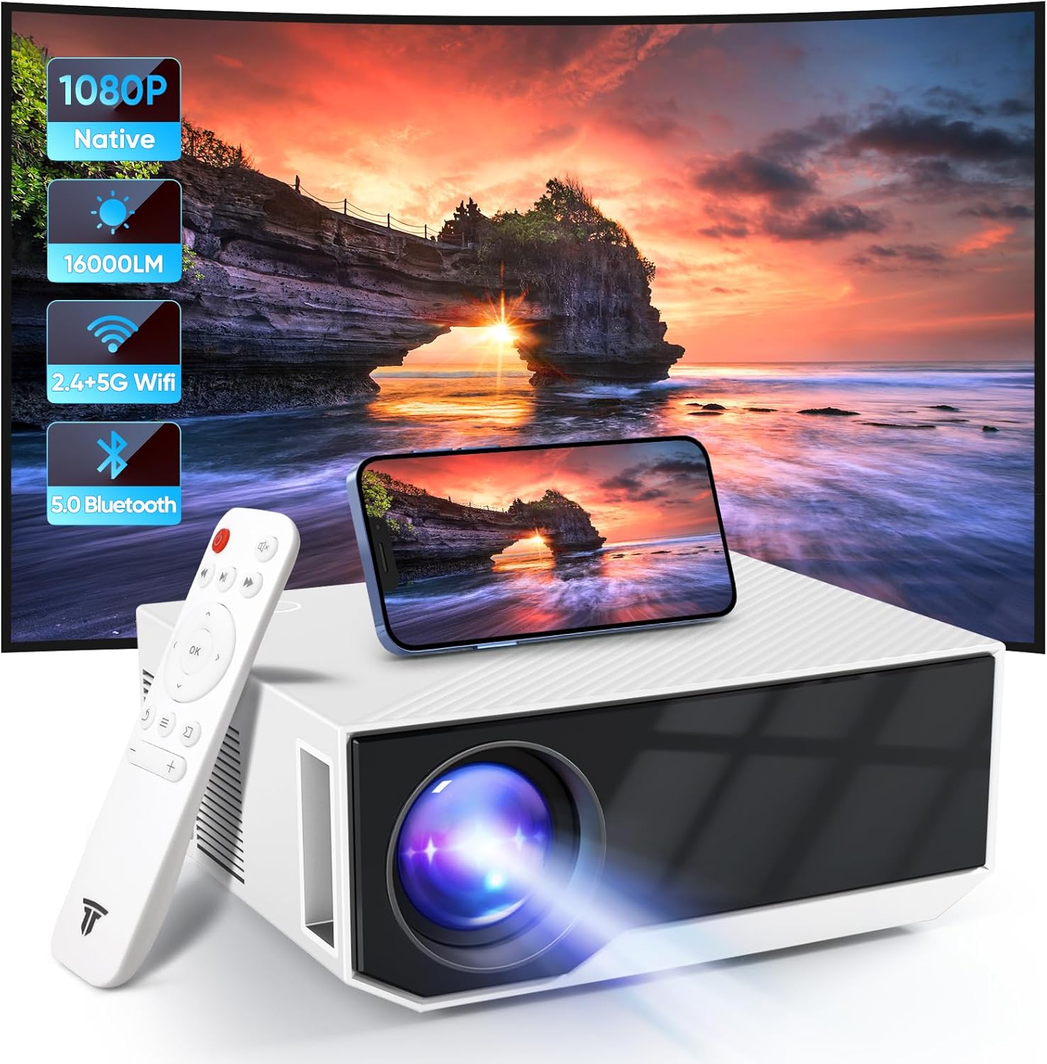 Projector with WiFi and Bluetooth, 16000Lumens Portable Mini Projector,Native Full HD 1080P Outdoor Movie Projector,Smart Projector Compatible with Android/iOS/Windows/HDMI/USB - Image 2