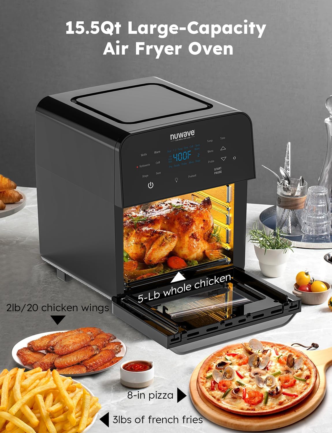 Nuwave Brio Air Fryer Oven, 15.5Qt X-Large Family Size, SS Rotisserie Basket &Skewer-Kit, Reversible Ultra Non-Stick Grill/Griddle Plate, Powerful 1800W, Integrated Smart Thermometer,Black - Image 5