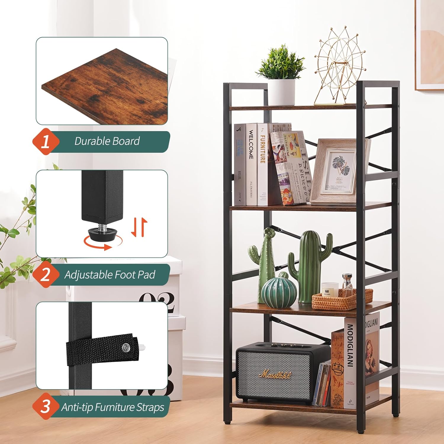 Yoobure Tree Bookshelf - 6 Shelf Retro Floor Standing Bookcase and 4 Tier Bookshelf - Image 9