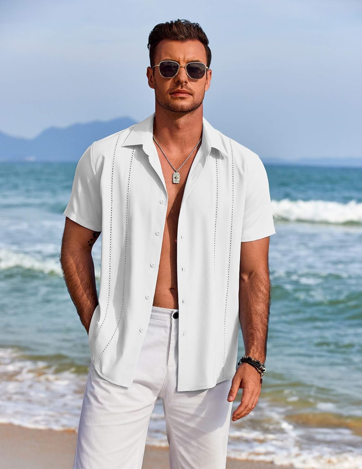 COOFANDY Mens Cuban Guayabera Shirt Short Sleeve Button Down Shirts Summer Beach Vacation Shirts - Image 3