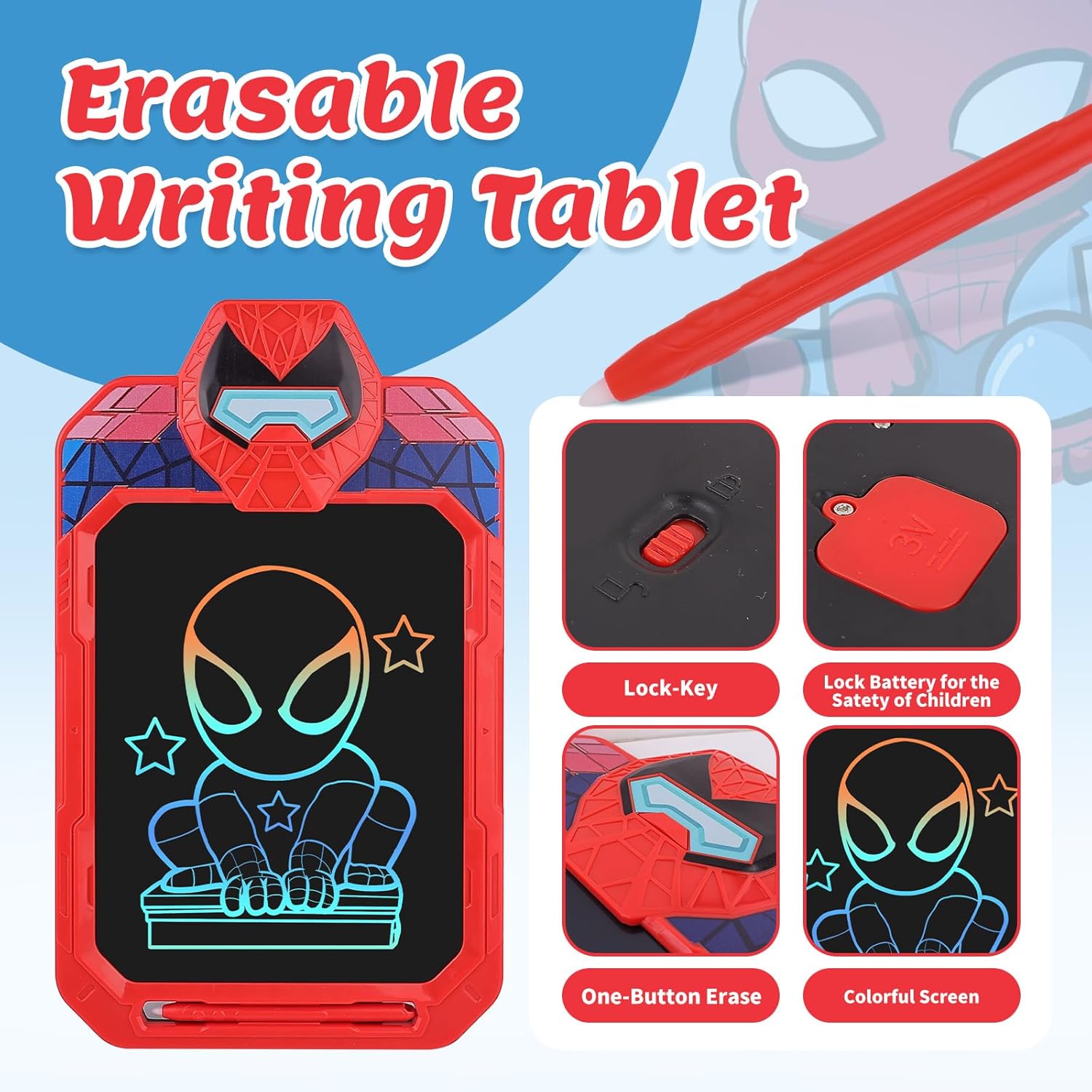 New Model Spider Hero LCD Writing Tablet Drawing Tablet for Kids 10inch, Toddler Doodle Board, Kids Drawing Pad, Educational Toys for 3 4 5 6 Year Old Boys Girls, Gift for Children (RED) - Image 6