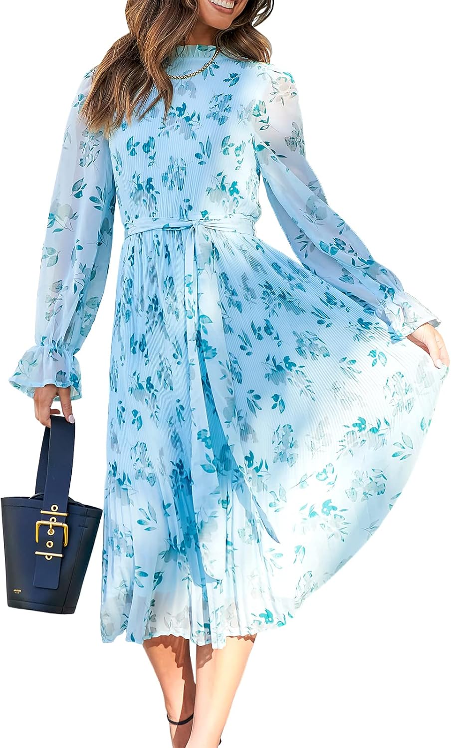 ANRABESS Women's Floral Midi Dress Puff Long Sleeve Casual Ruffle Chiffon A-Line Swing Pleated Belted Tea Party Dresses - Image 2