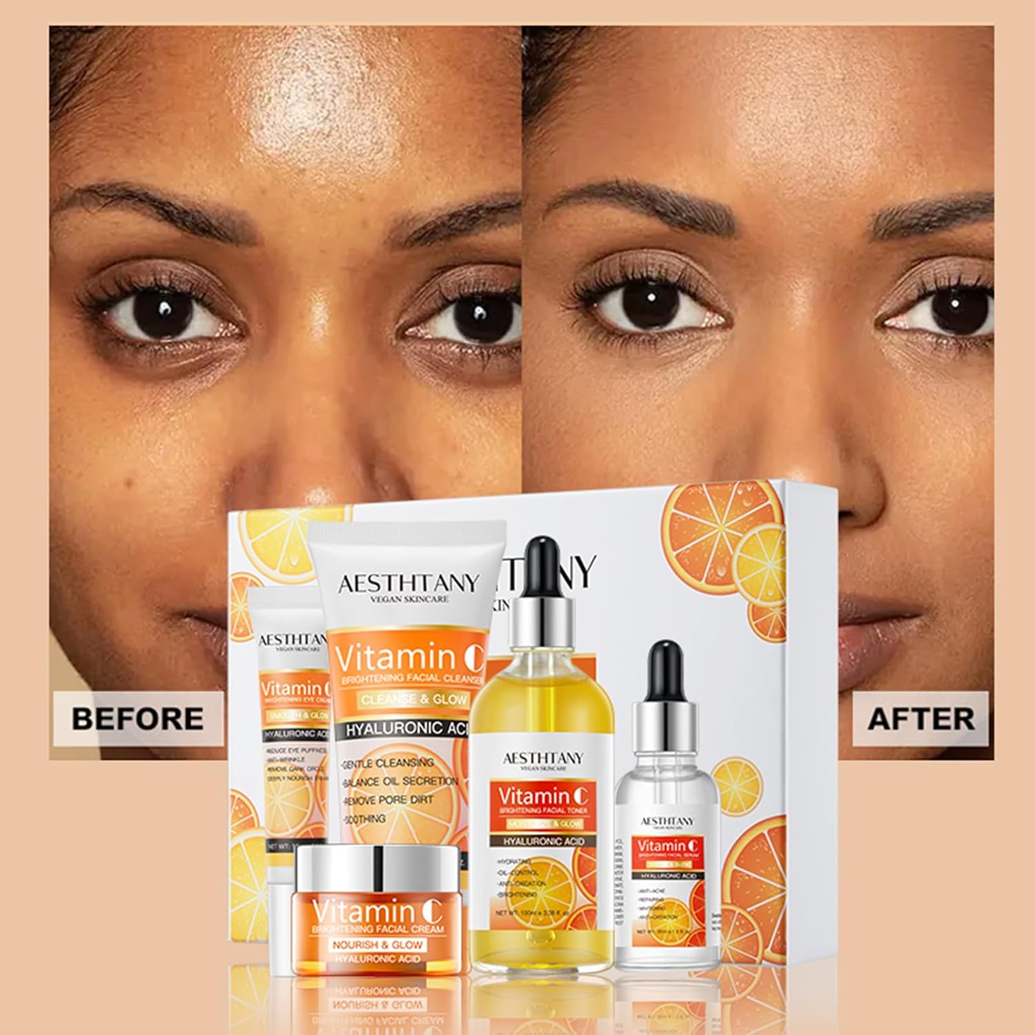 Vitamin C Skin Care Set For Women , 5-In-1 Moisturizing Hyaluronic Acid Skin Care Routine with Facial Cleanser, Serum, Face Cream, Eye Cream, Toner Valentine's Day Gift - Image 6