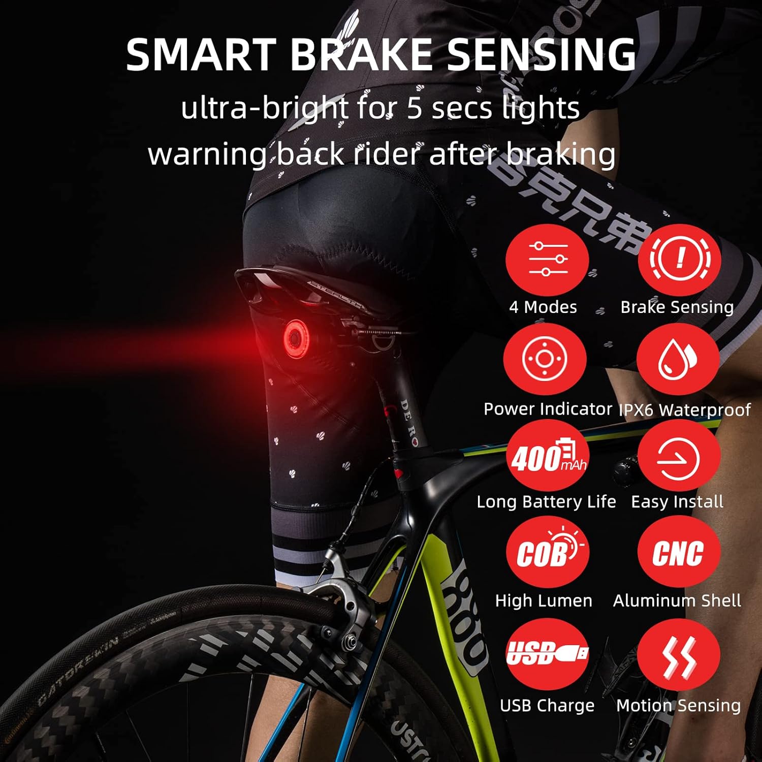 ROCKBROS Bike Tail Light Smart,Brake Sensing Bicycle Rear Lights for Night Ride,Ultra Bright LED Back Lights,Type C USB Rechargeable,IPX6 Waterproof,Cycling Safety Taillight Accessories - Image 3