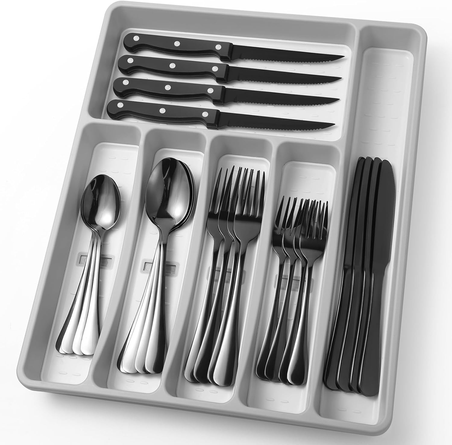 24-Piece Black Silverware Set with Organizer,Heavy Duty Stainless Steel Flatware Cutlery Tableware Set for 4,Includes 6-Compartment Silverware Tray with Cutlery Icons,Tableware Set with Steak Knives - Image 2