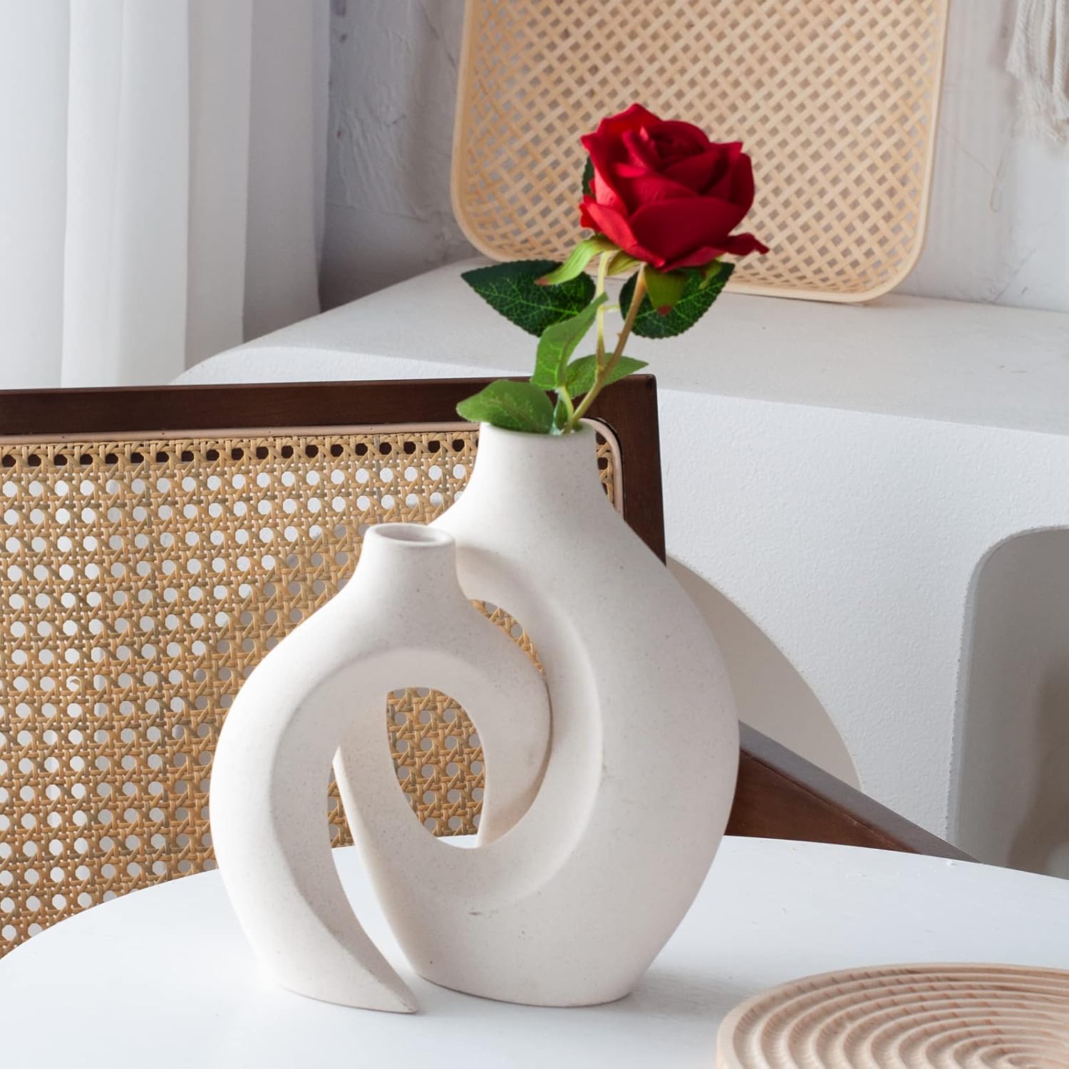 Off White Hollow Ceramic Vase Set of 2, Round Modern Vase for Nordic Minimalist Book Style Shelf Decor, Donut Boho Aesthetic Vases for Trendy Home Living Room Entryway Coffee Table Decorative - Image 4