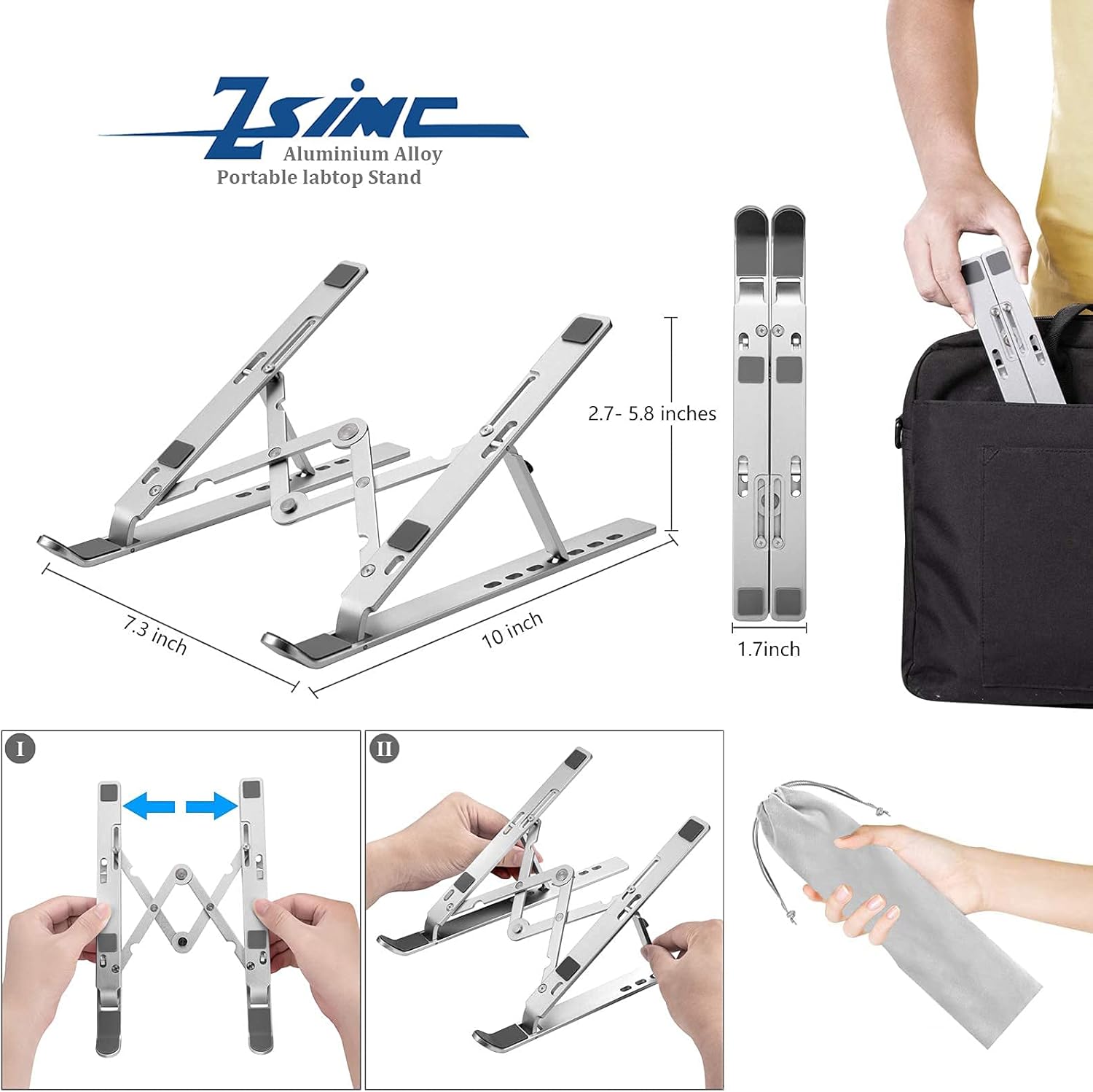 Laptop Stand, Laptop Riser Computer Stand for Desk, Adjustable Aluminum Foldable Portable Desktop Holder, Compatible with MacBook Air pro, iPad, Lenovo, 10-15.6” Laptop and Tablets (Silver) - Image 3