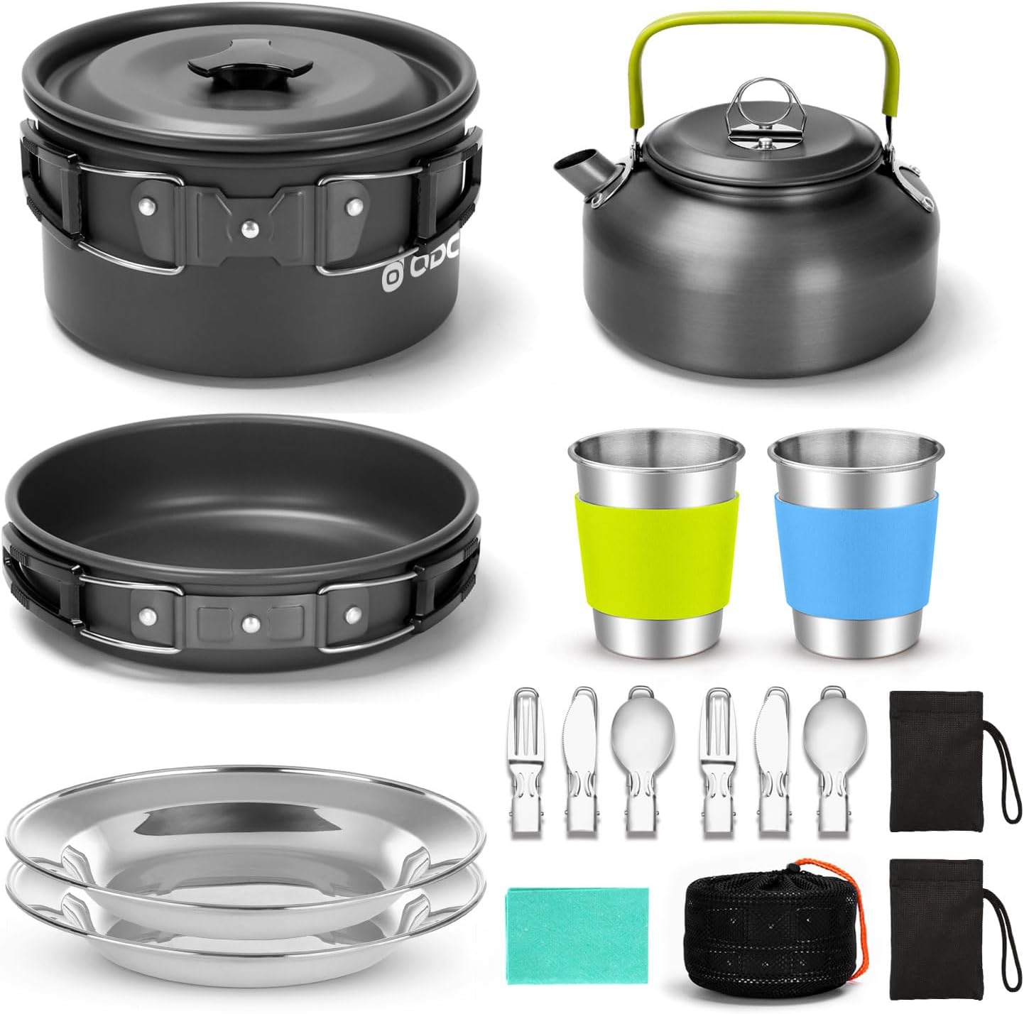 Odoland 15pcs Camping Cookware Mess Kit, Non-Stick Lightweight Pot Pan Kettle Set with Stainless Steel Cups Plates Forks Knives Spoons for Camping, Backpacking, Outdoor Cooking and Picnic - Image 2