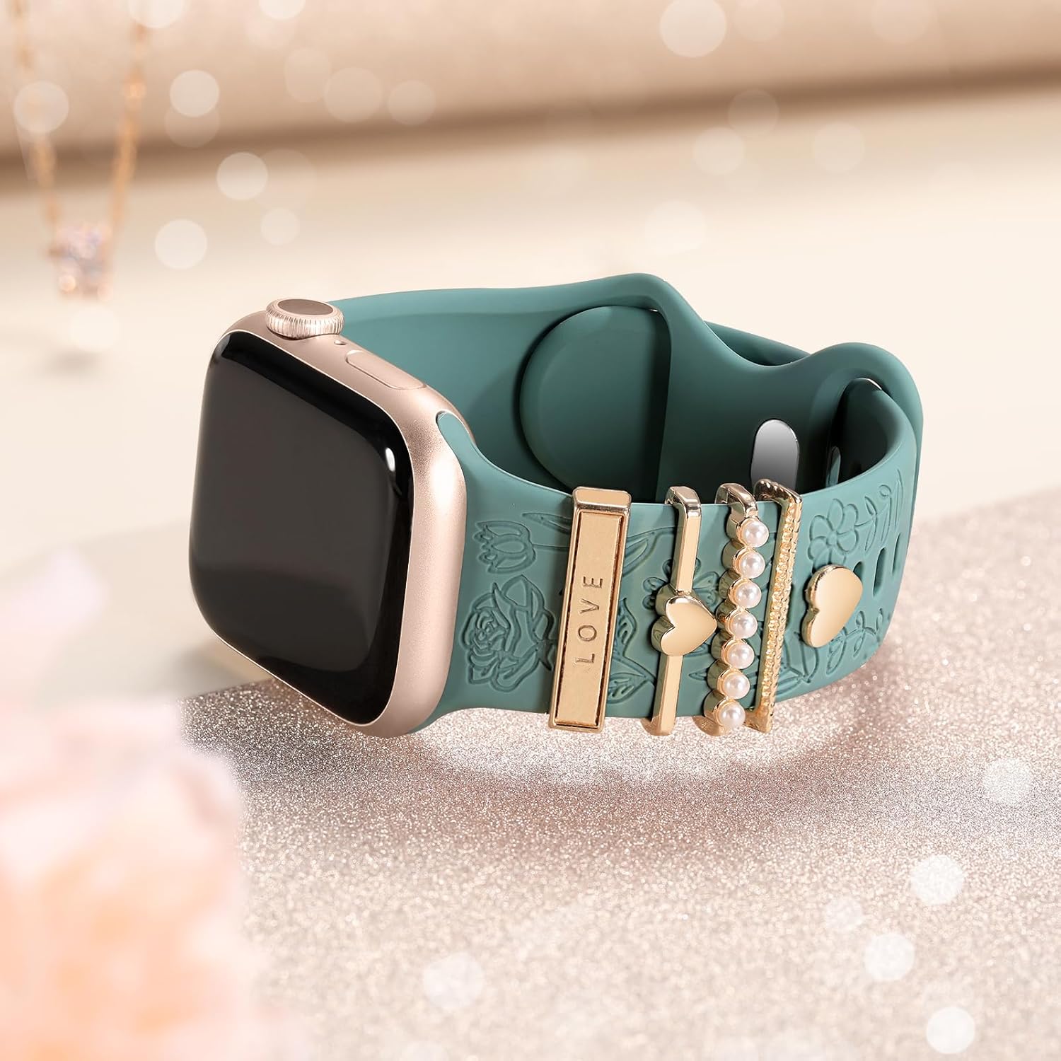 DaQin Flower Engraved Band Compatible with Apple Watch Bands for Women 40mm 38mm 41mm 42mm, Soft Silicone Band With Decorative Apple Watch Charms for iWatch Series 10 9 8 7 6 5 4 3 2 1 SE (With Band) - Image 10