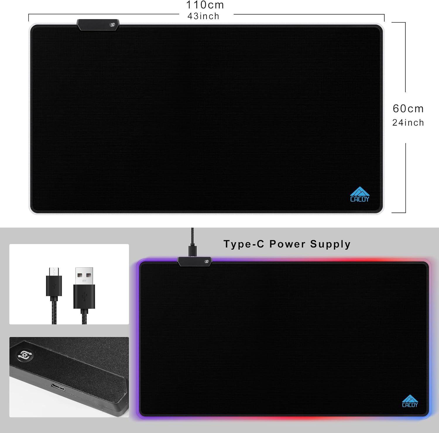 Cacoy RGB Mouse Pad Gaming, 43" x 24" Large LED Mouse Pad with 9 Lights Modes, XXL Desk Mat for Keyboard and Mouse, Extended Non-Slip Desk Pad PC Gaming Keyboard Mousepad Accessories, Black - Image 5