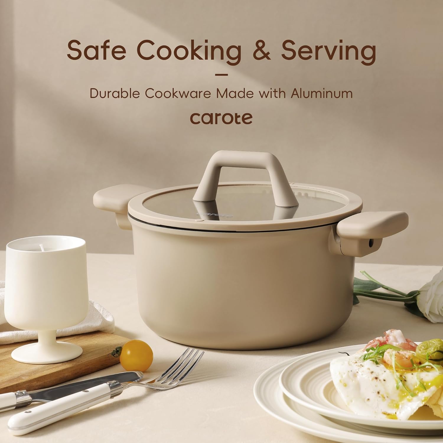 CAROTE 19pcs Nonstick Cookware Set, Pots and Pans Set Non Stick, kitchen Cooking Set, Premium Induction Cookware, Frying pan, Large Capacity Granite, Brown - Image 9