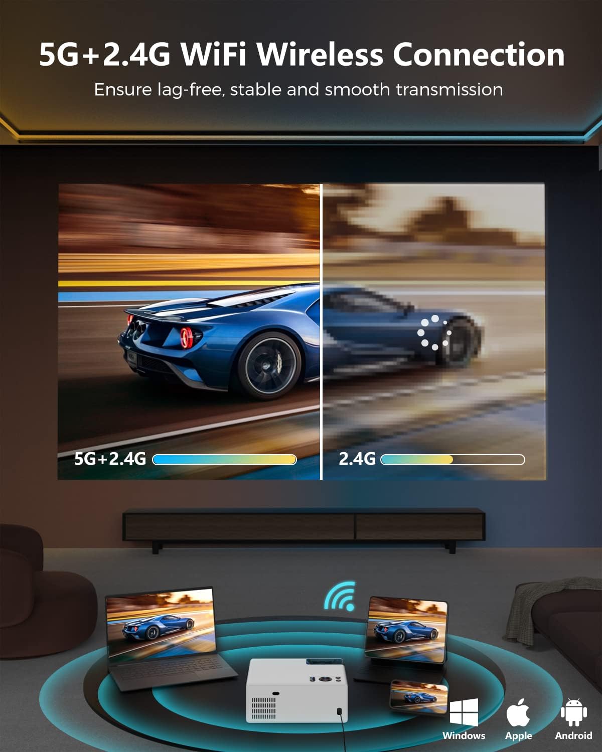 FUDONI Projector with WiFi and Bluetooth, Outdoor Portable 4K Support Projector 18000L HD 1080P Max 300" Display Zoom, Movie Video Home Theater Projector Compatible w/HDMI/USB/Phone/Laptop/TV Stick - Image 4